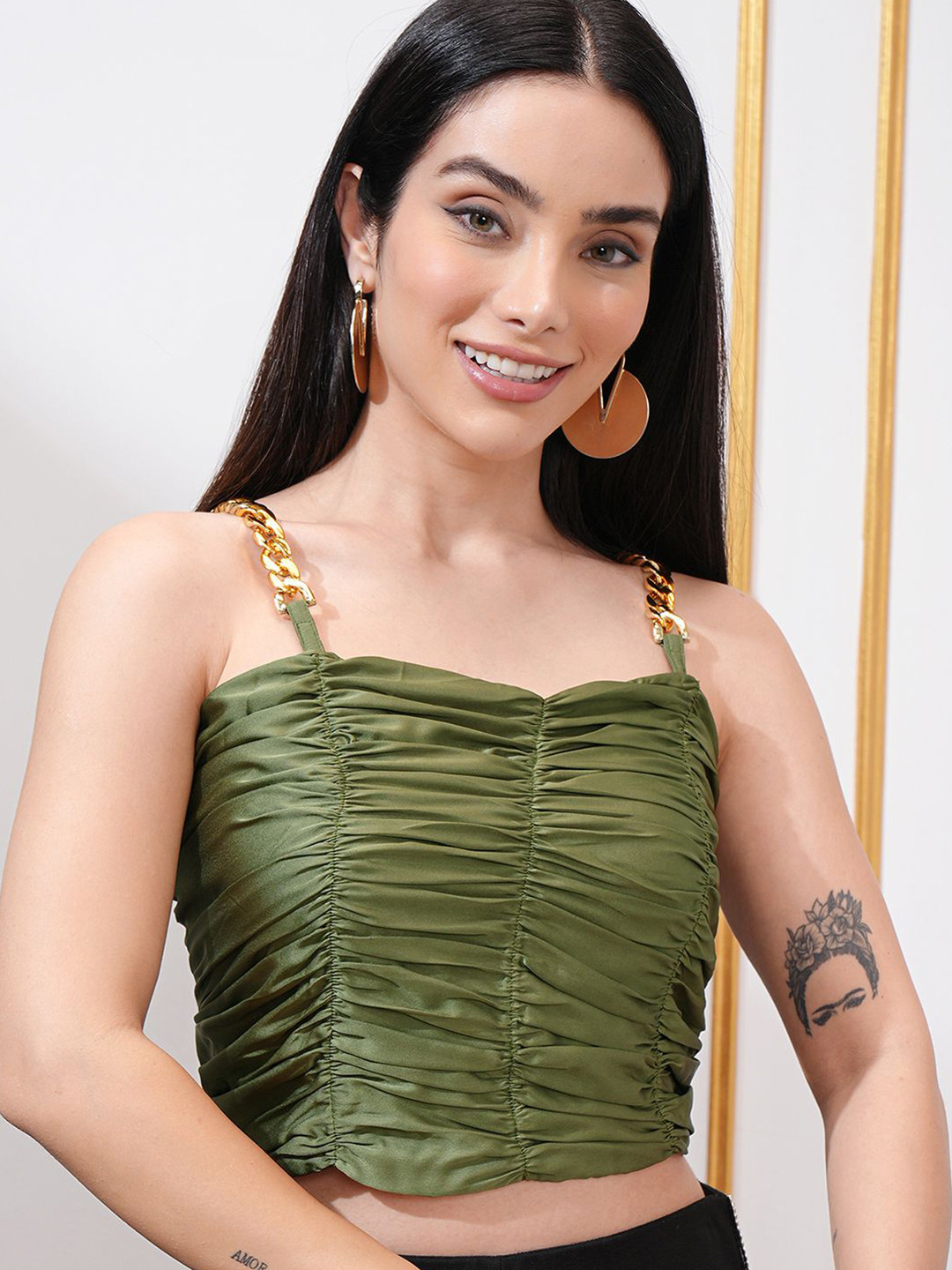 Tokyo Talkies Sleeveless Shoulder Straps Ruched Croptop With Chain Straps Tank Top