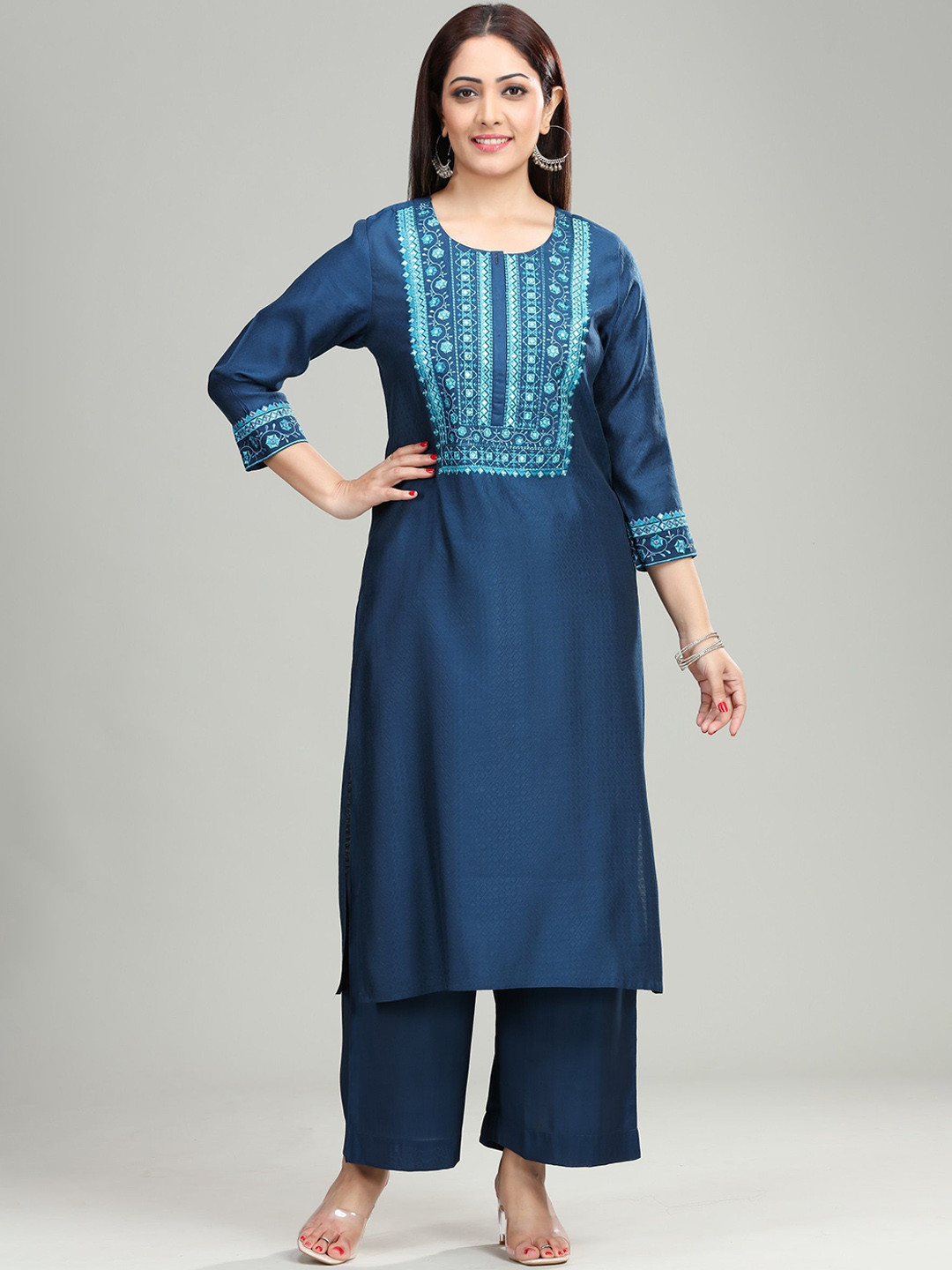 COTTON CULTURE Floral Embroidered Pure Silk Straight Kurta With Palazzos
