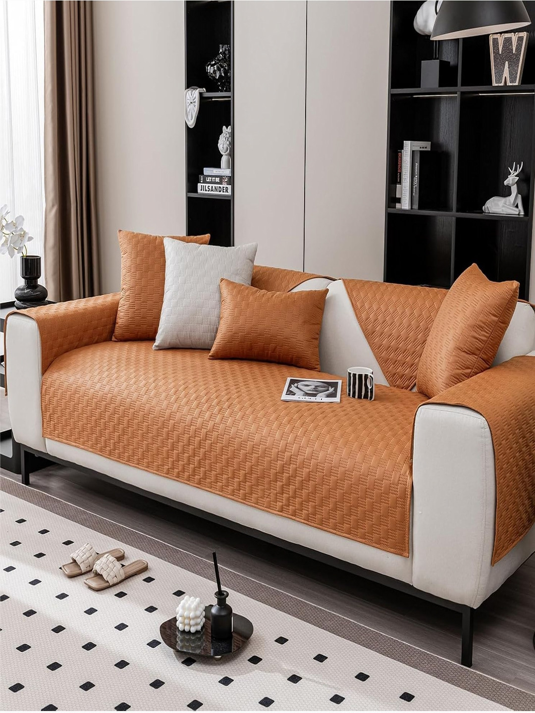 HOUSE OF QUIRK Tan Self Design Five Seater Luxury Waterproof Anti-Slip Stretch Sofa Cover