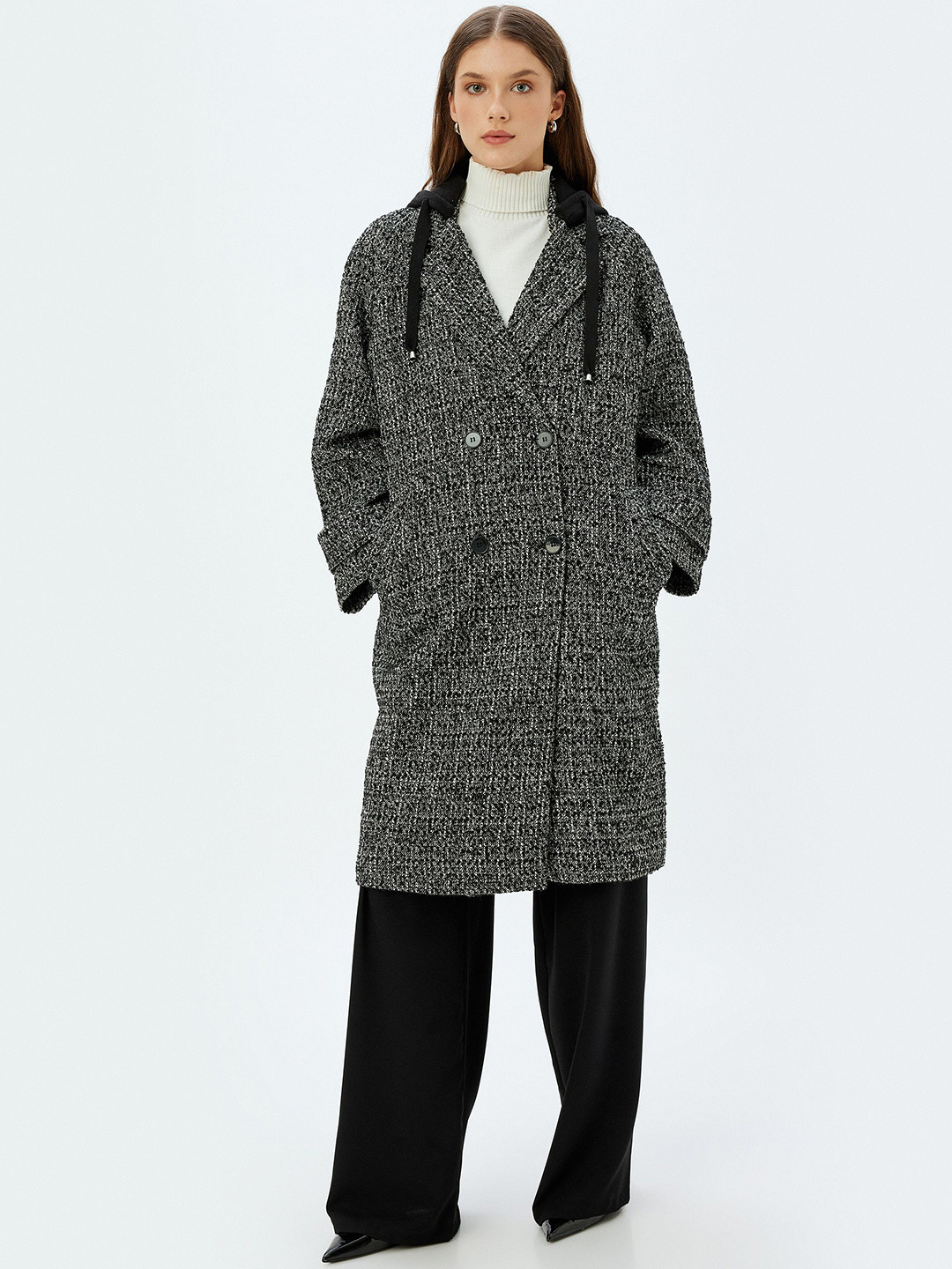 Koton Women Double Breasted Self Design Hooded Coat