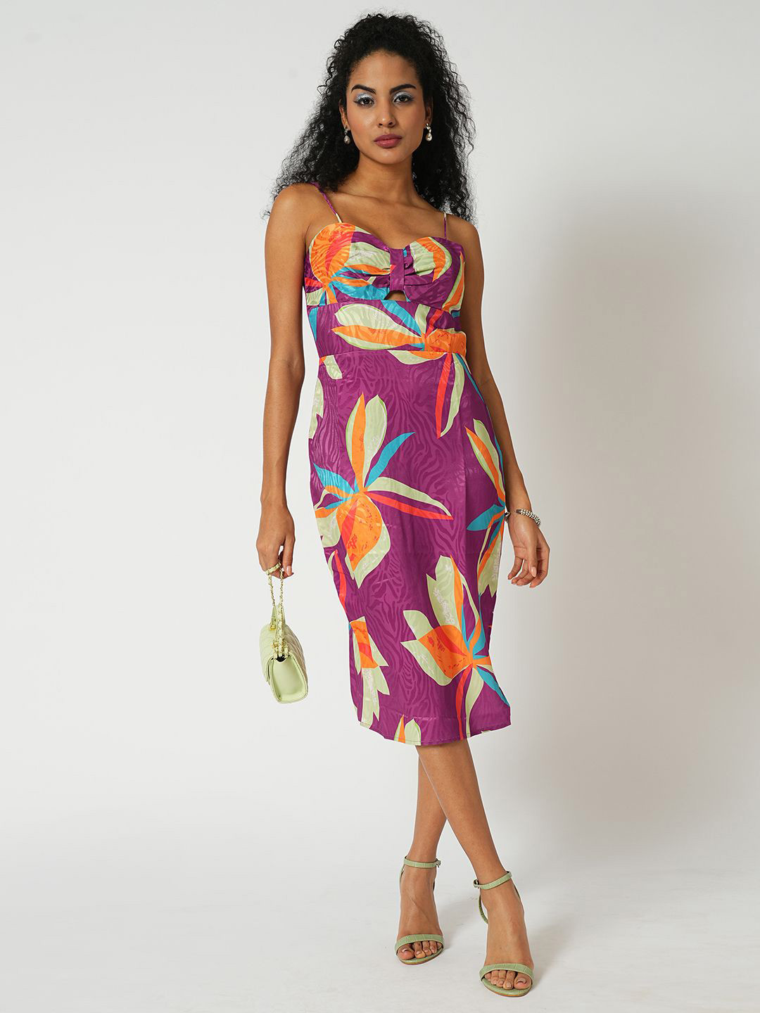 Globus Floral Print Sweetheart Neck Shoulder Strap Cut-Out Detail Midi Bodycon Party Dress