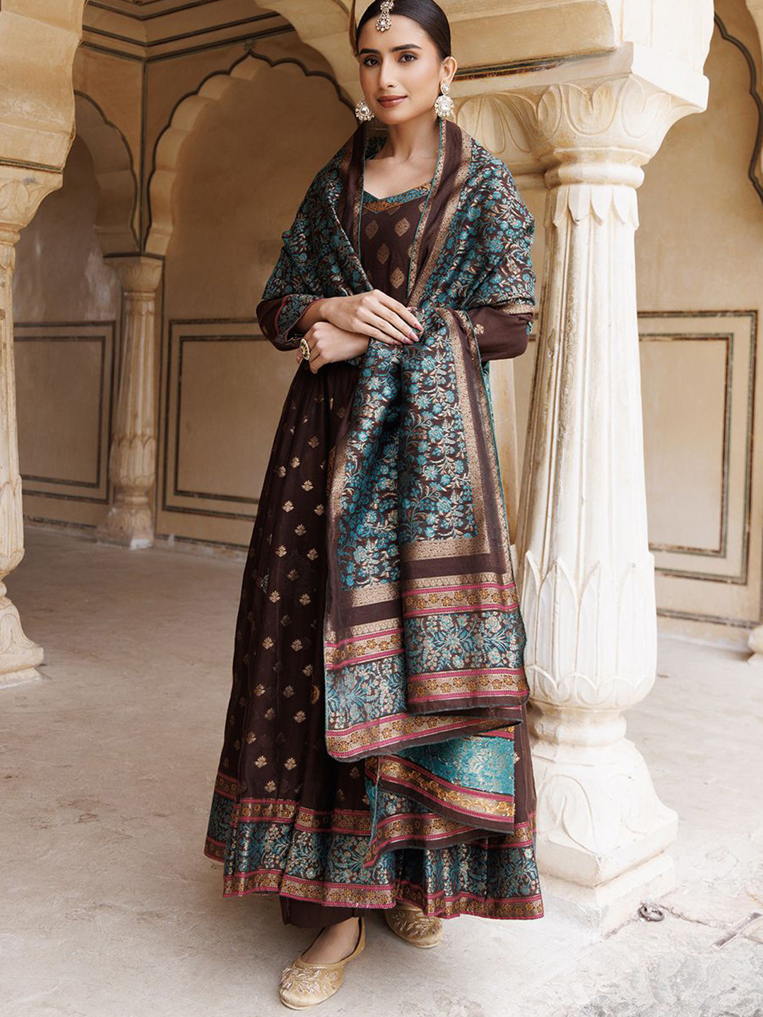 KIDAR Women Self Design Cotton Anarkali Kurta With Trousers & Dupatta