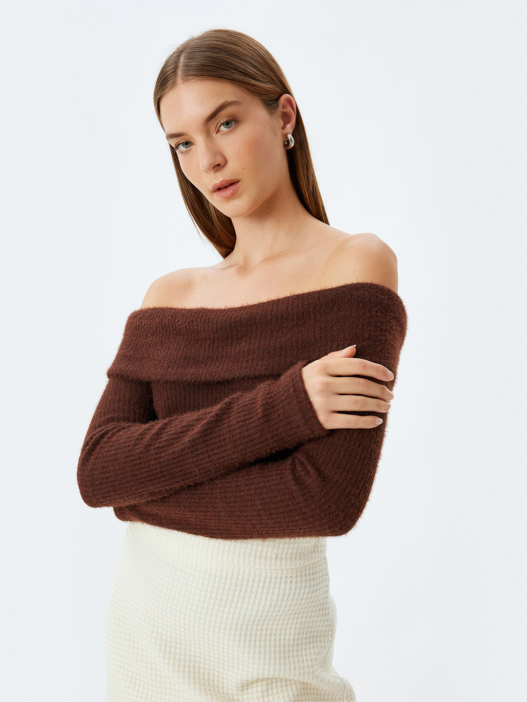 Koton Women Off-Shoulder Pullover Fuzzy Sweater