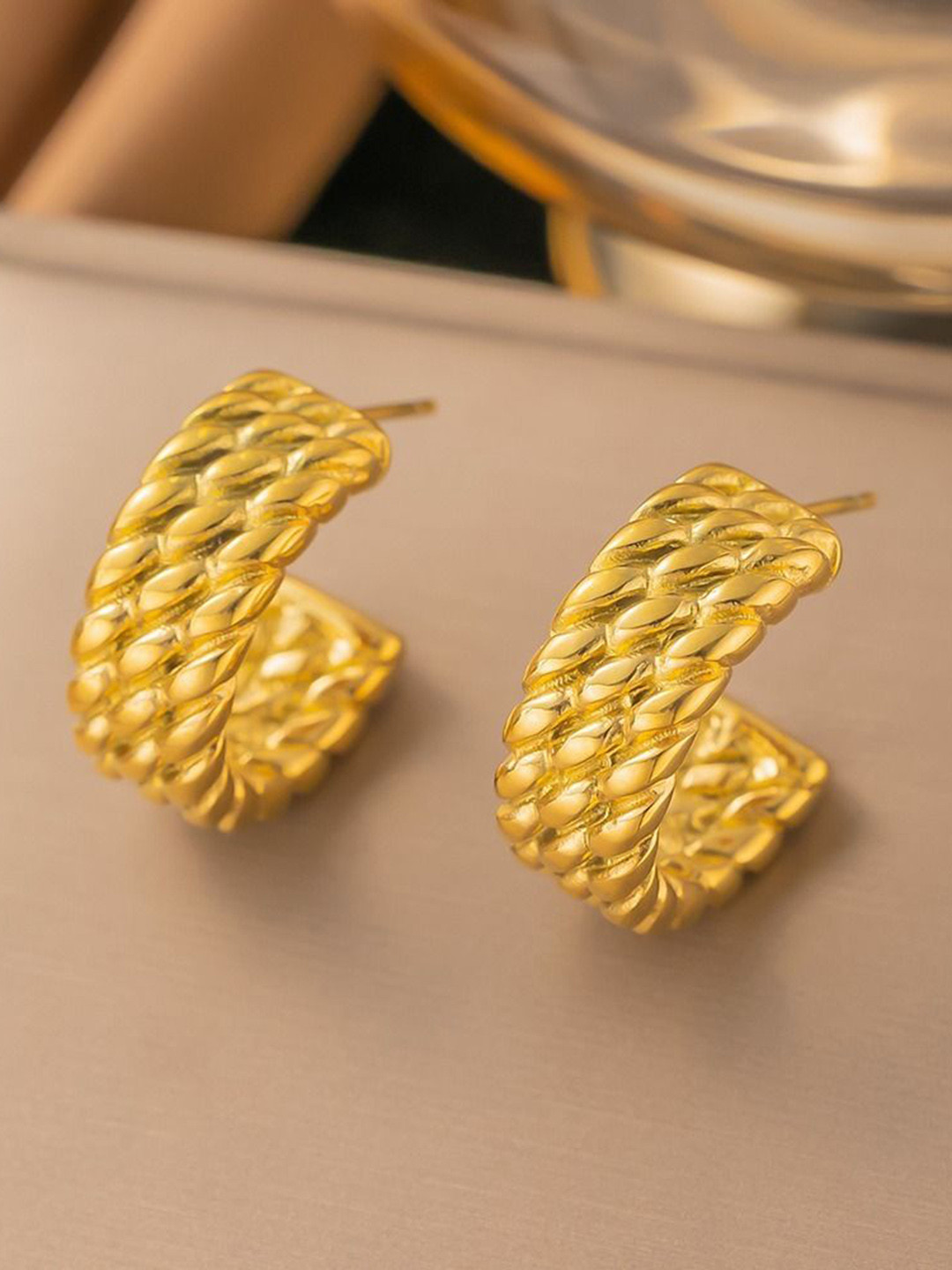 MYKI Aesthetical Gold-Plated Stainless Steel Contemporary Half Hoop Earrings