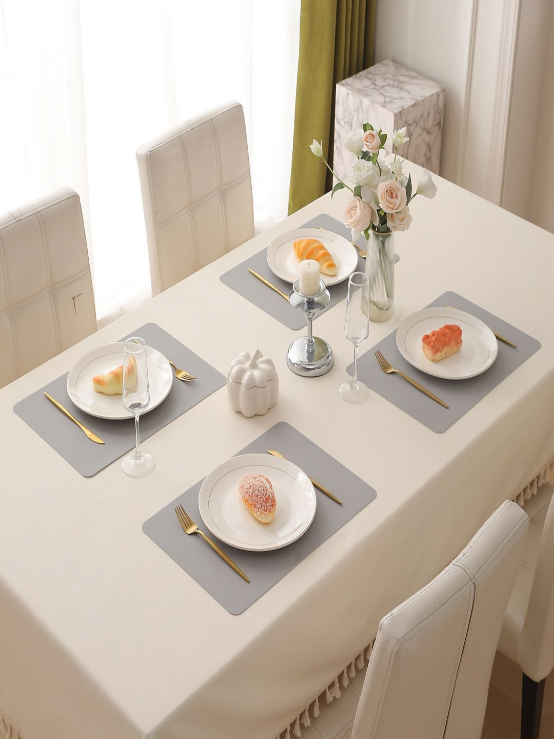 HOKIPO Grey 4 Pieces Waterproof & Heat Resistant Plain Rectangle Table Placemats