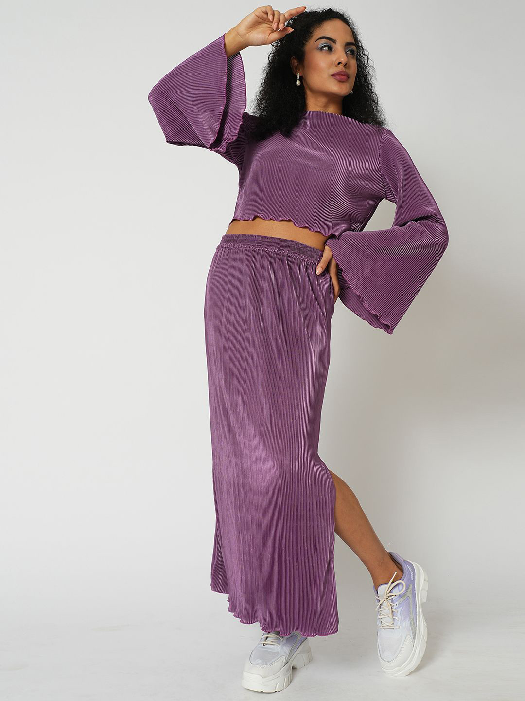 Globus Accordion Pleats Bell Sleeves Crop Top With Side Slit Maxi Skirt Party Co-Ord Set