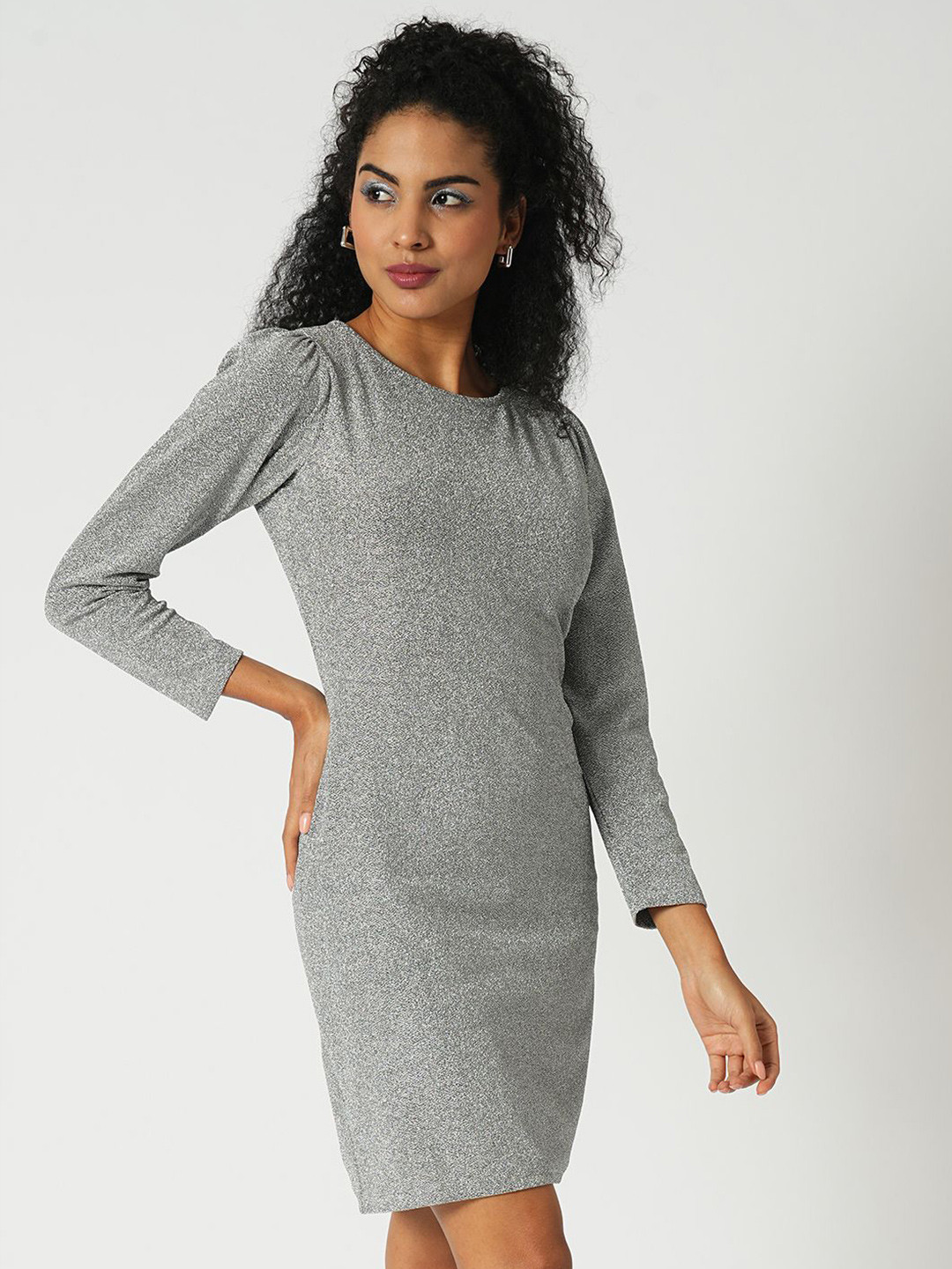 Globus Round Neck Puff Sleeves Shimmer Mini Bodycon Party Dress