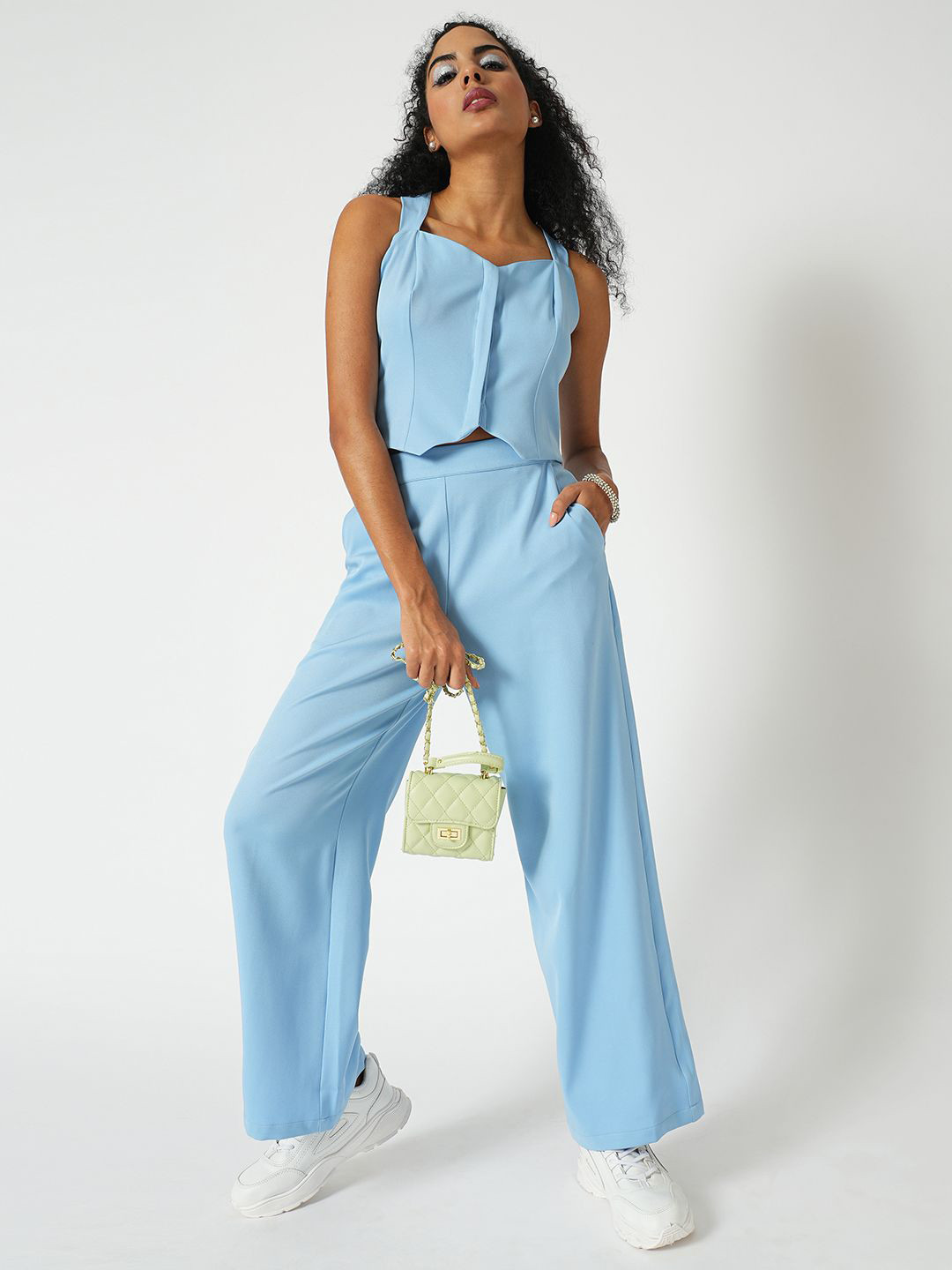 Globus Sweetheart Neck Cross Straps Back Designed Crop Top With Trousers Party Co-Ord Set