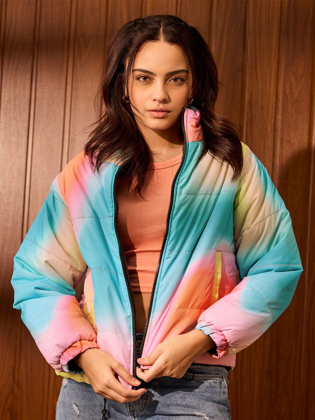 The Souled Store Women Tie and Dye Reversible Puffer Jacket