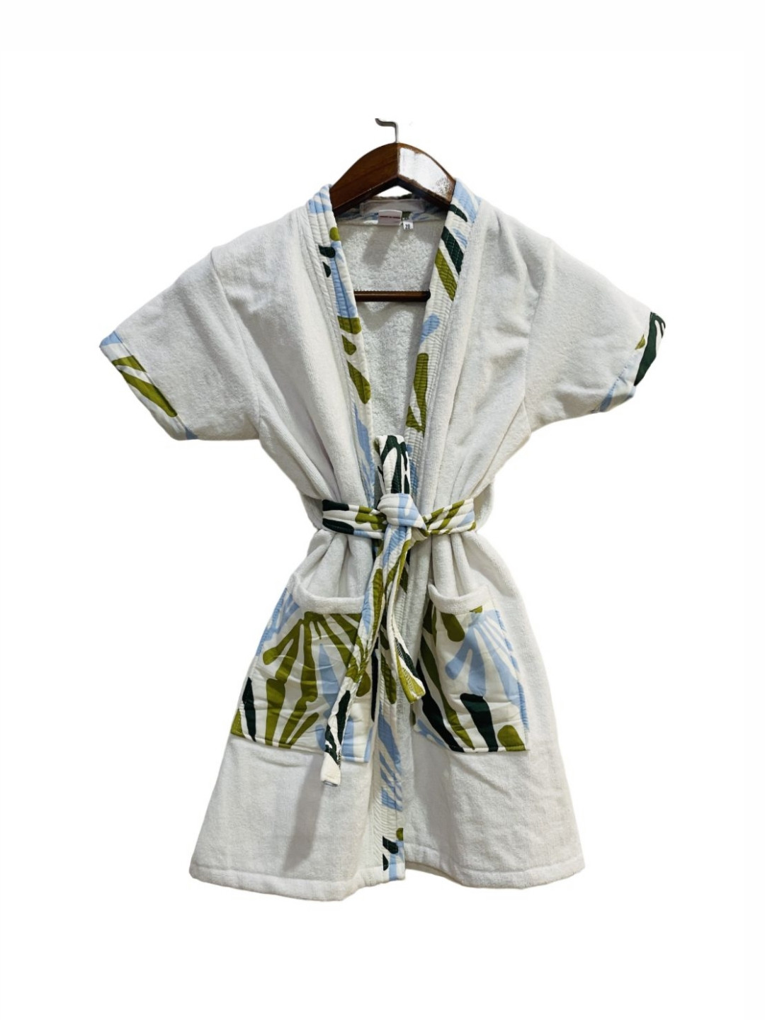 GAB White Leaf Cotton Drawstring Knee Length Bath Robe-S