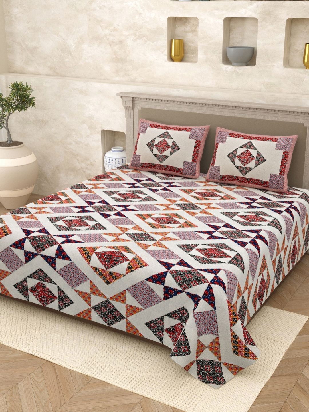 Homez Sparrow Opulent Collection Red Ethnic Motifs Pure Cotton 210 TC King Fine Bedsheet with 2 Pillow Covers-250 x 270 cm