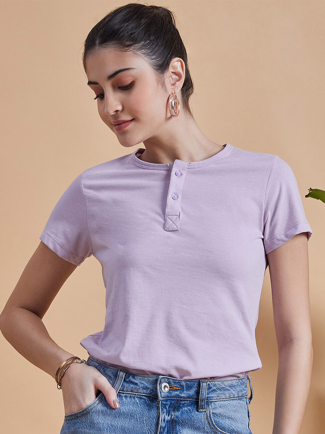 MINT STREET Henley Neck Short Sleeves Pure Cotton T-shirt