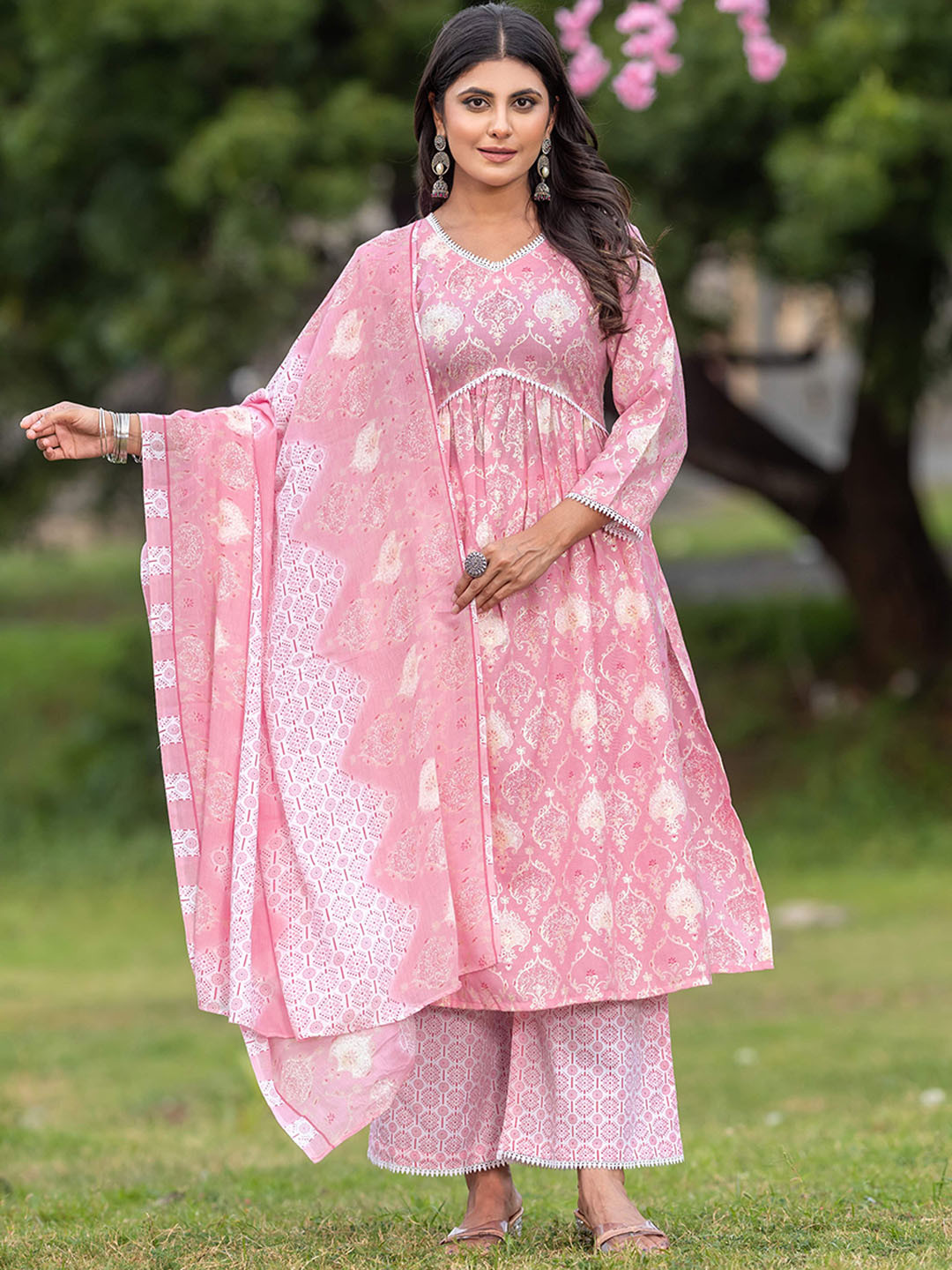VORHIZA Ethnic Motifs Printed Empire A-Line Kurta With Palazzo With Dupatta