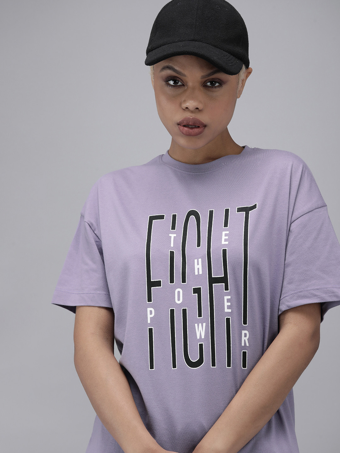 Roadster Women Lavender Typography Printed Drop-Shoulder Sleeves Loose Relaxed Fit T-shirt