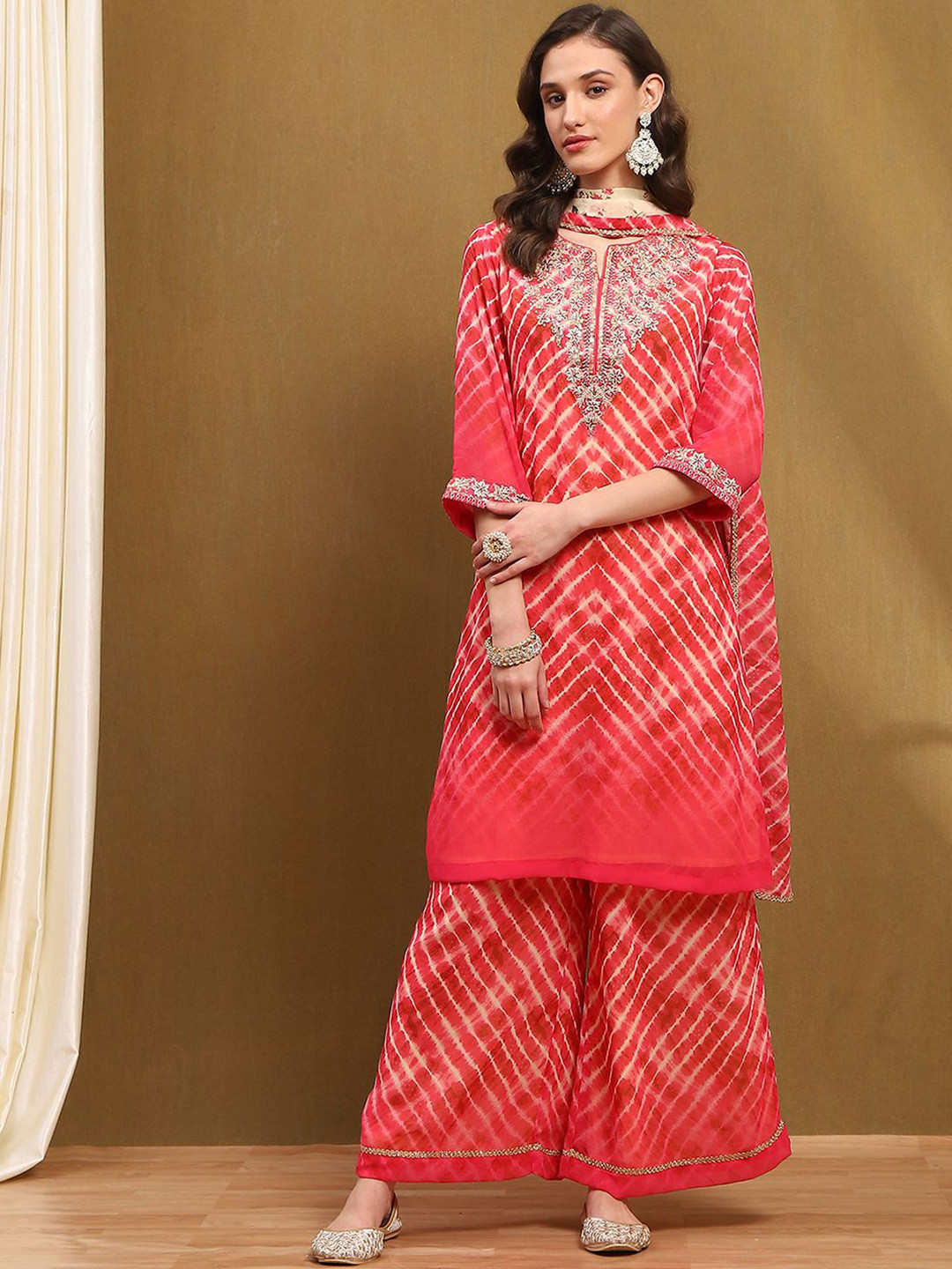 Biba Leheriya Printed Sequinned Georgette Straight Kurta with Palazzos & Dupatta