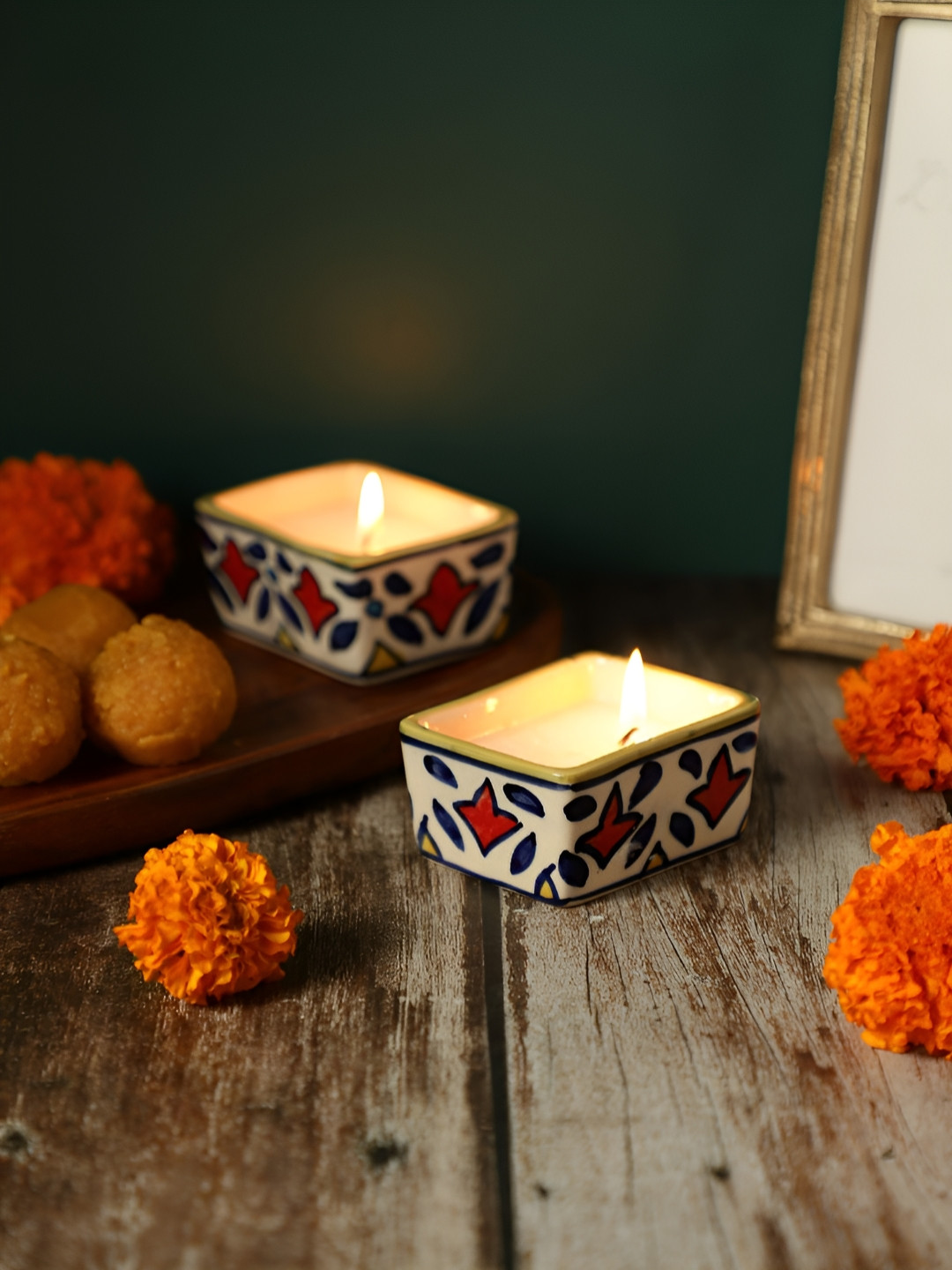 VarEesha Small Ceramic 2Pcs Smokeless 1 Wick Scented Leaf Rectangle Regular Diyas Candles