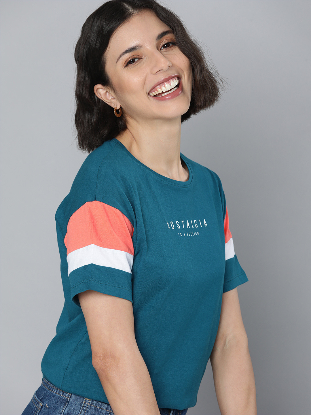 Mast & Harbour Women Teal Blue Typography Printed  Cotton T-shirt