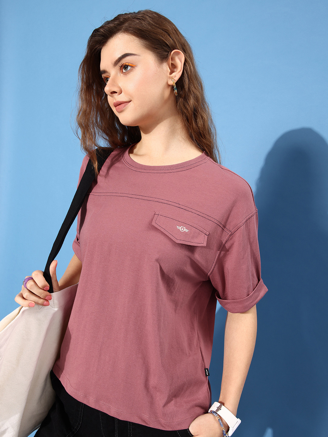 The Roadster Life Co. Drop-Shoulder Sleeves Solid Round Neck  T-shirt