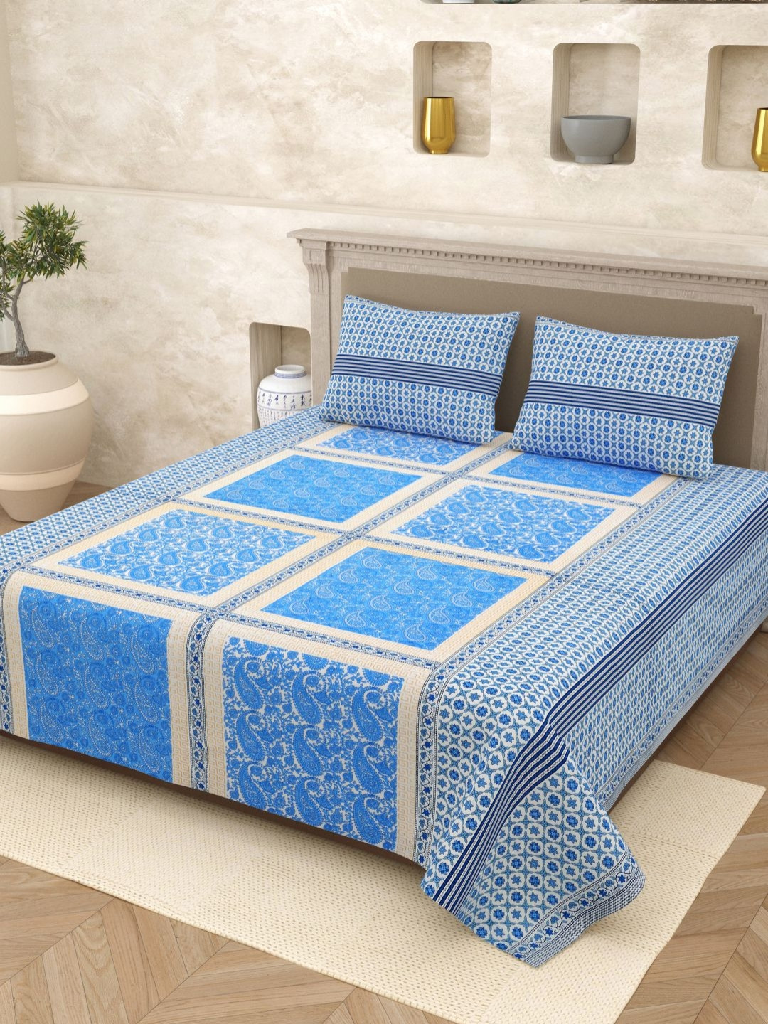 Homez Sparrow Elegant Selection Blue Ethnic Motifs Cotton 210 TC Queen Fine Bedsheet with 2 Pillow Covers-87 x 104 inches