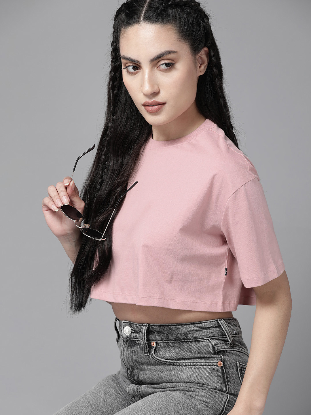 The Roadster Lifestyle Co. Drop-Shoulder Sleeves Pure Cotton Super Crop  Easy Boxy T-shirt