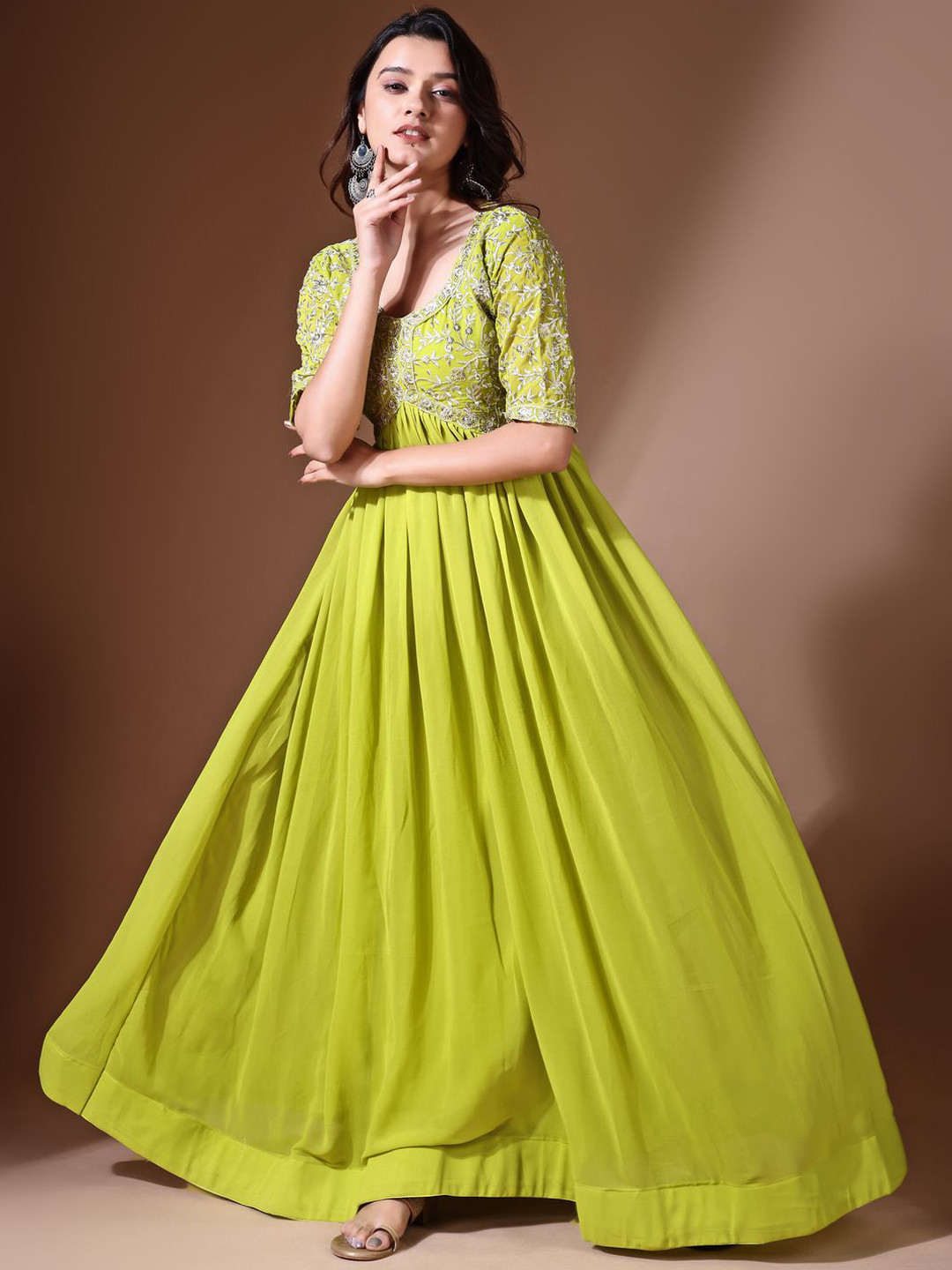 KALINI Floral Embroidered Round Neck Gathered Georgette Fit & Flare Maxi Ethnic Dress