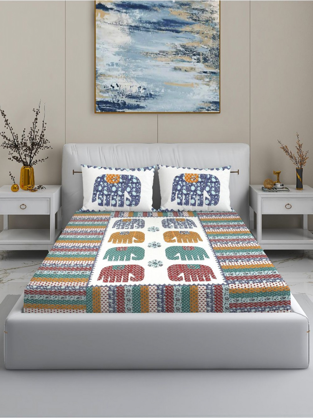 MODEFE White & Blue 144 TC Cotton King Bedsheet With 2 Pillow Covers - 2.5 M x 2.7 M