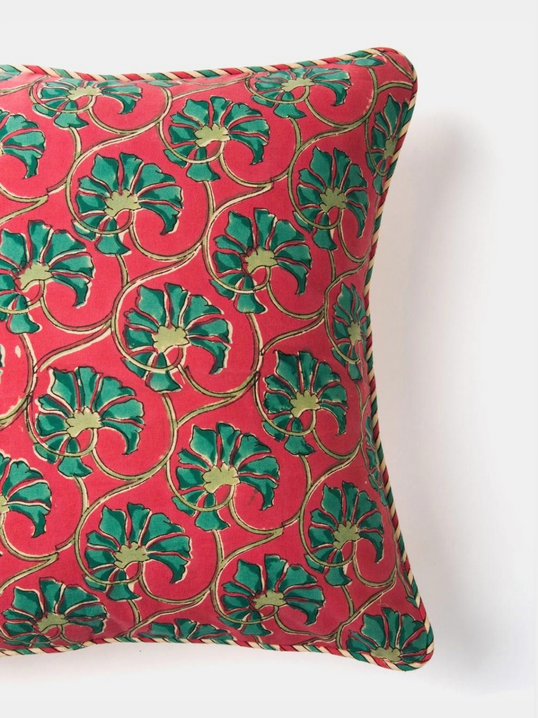 Fabindia Paro Pink & Green Floral Printed Square Shaped Cotton Cushion Cover