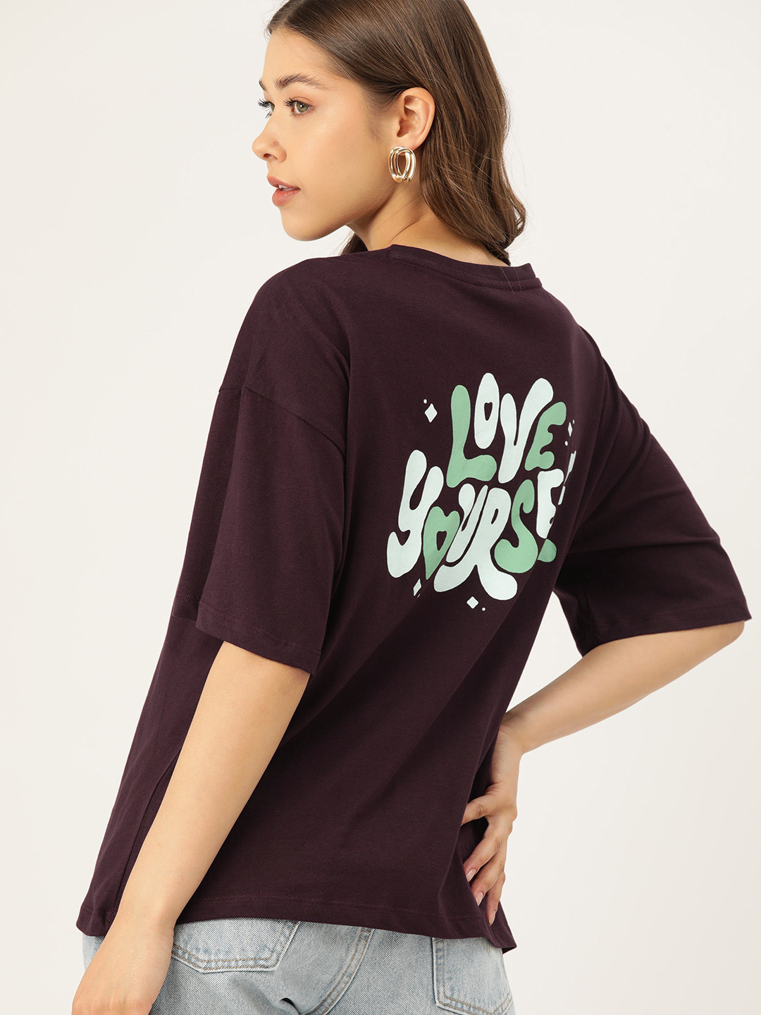DressBerry Pure Cotton Back Print Drop-Shoulder Sleeves Relaxed T-shirt