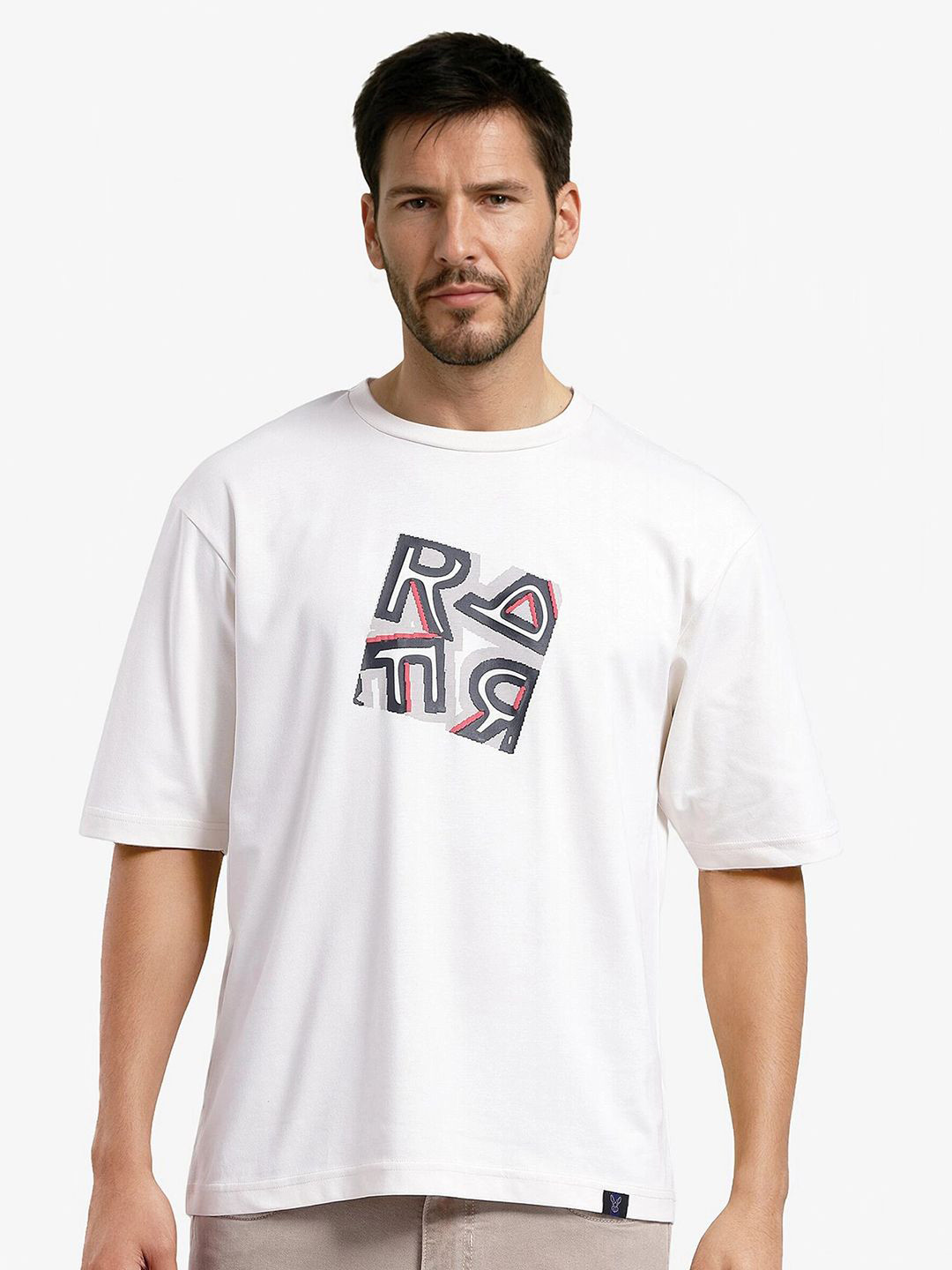 RARE RABBIT Men Typography Printed Round Neck Oversized T-shirt