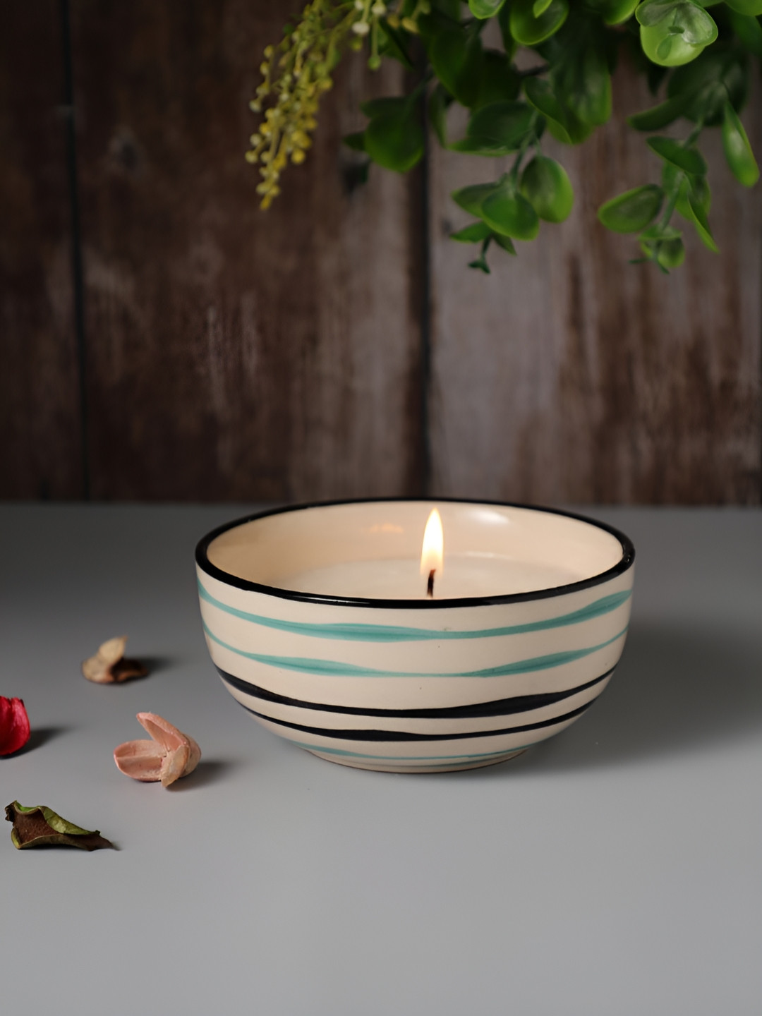VarEesha Ceramic Candle Smokeless 1 Wick Scented Striped Round Regular Diya Candles