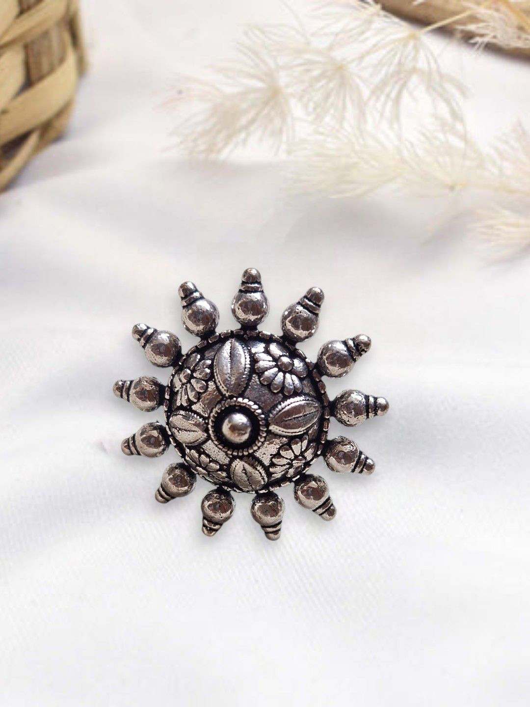 XAGO Le bhumi Silver-Plated Oxidised Flower Shaped Adjustable Finger Rings