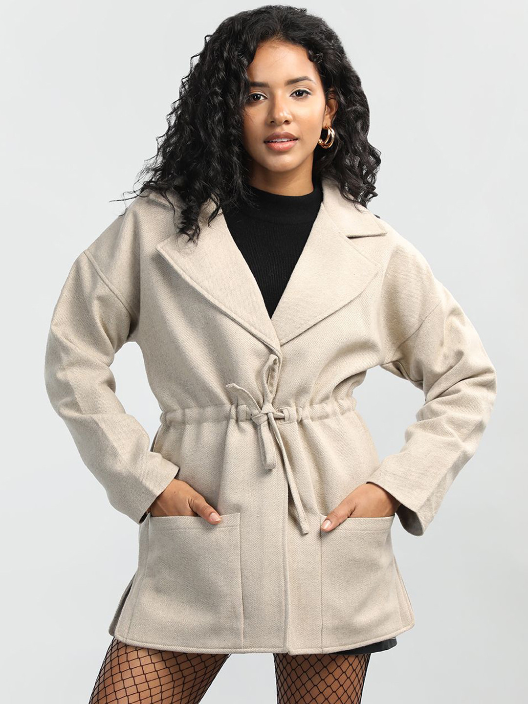 HONNETEWE Women Casual Notched Lapel Collar Tie-Up Solid Coat