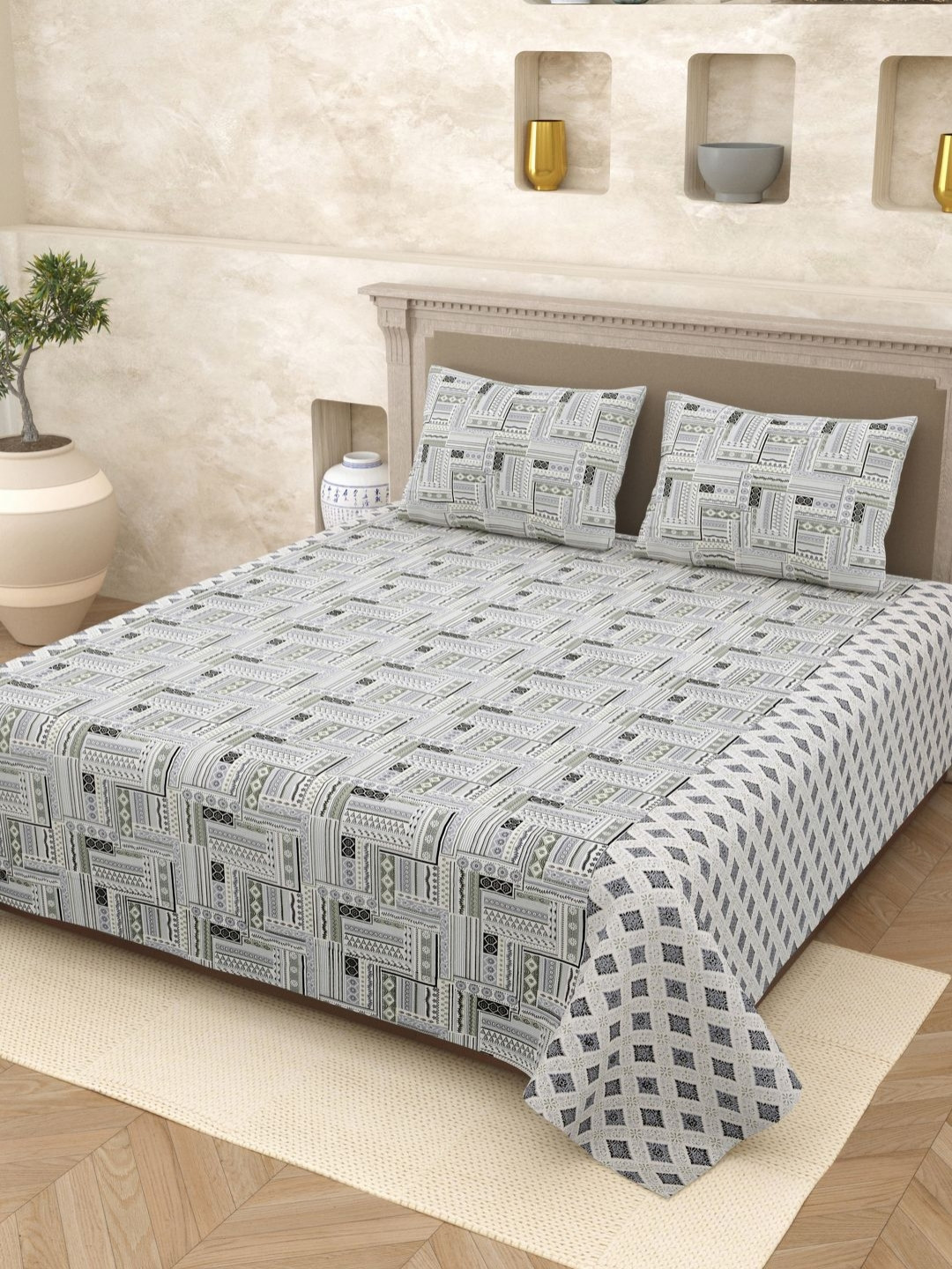 Homez Sparrow Elegant Selection White Ethnic Motifs Pure Cotton 210 TC Queen Fine Bedsheet with 2 Pillow Covers-220 x 265 cm