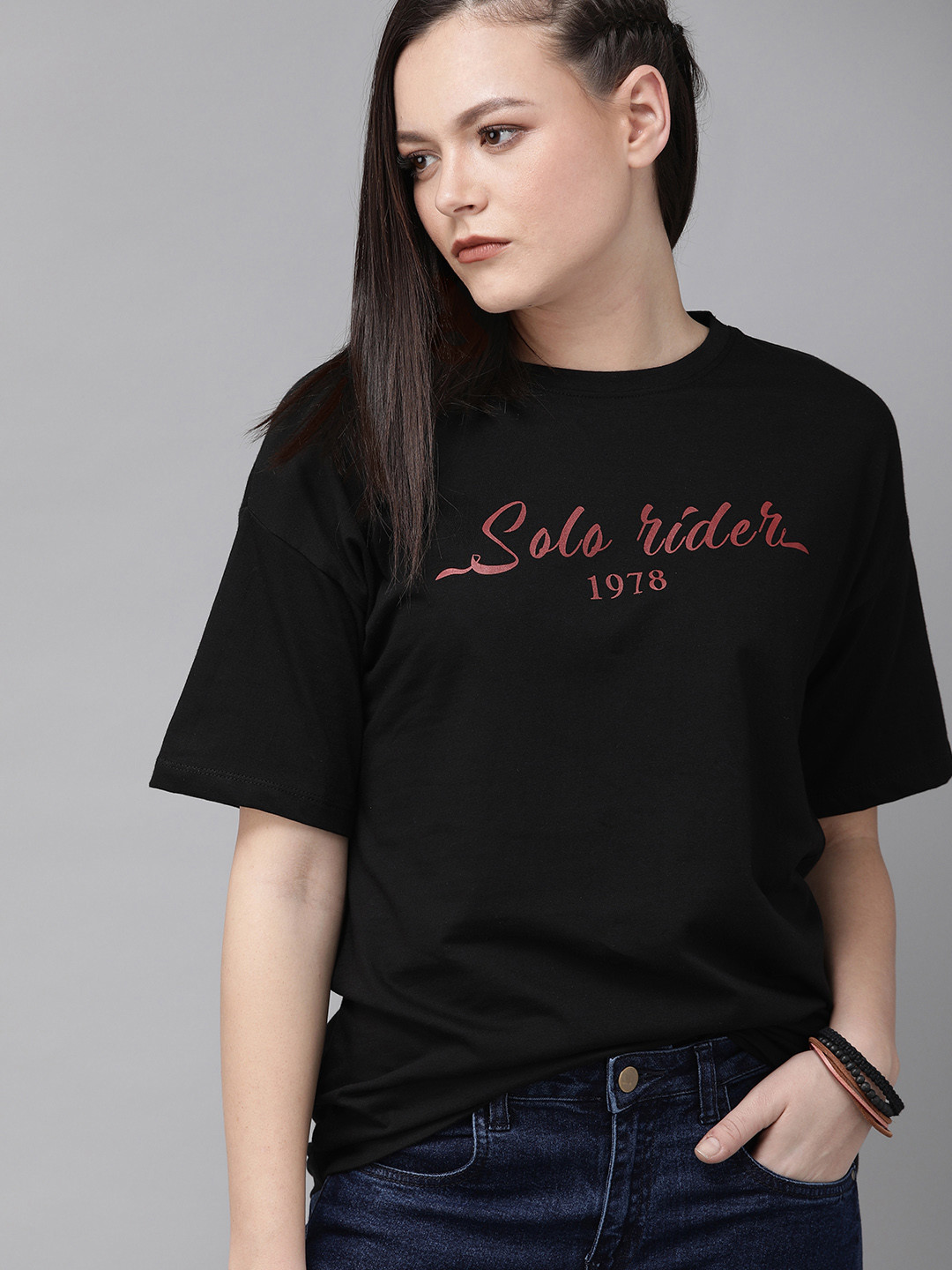 Roadster Women Black Printed Round Neck  Cotton T-shirt