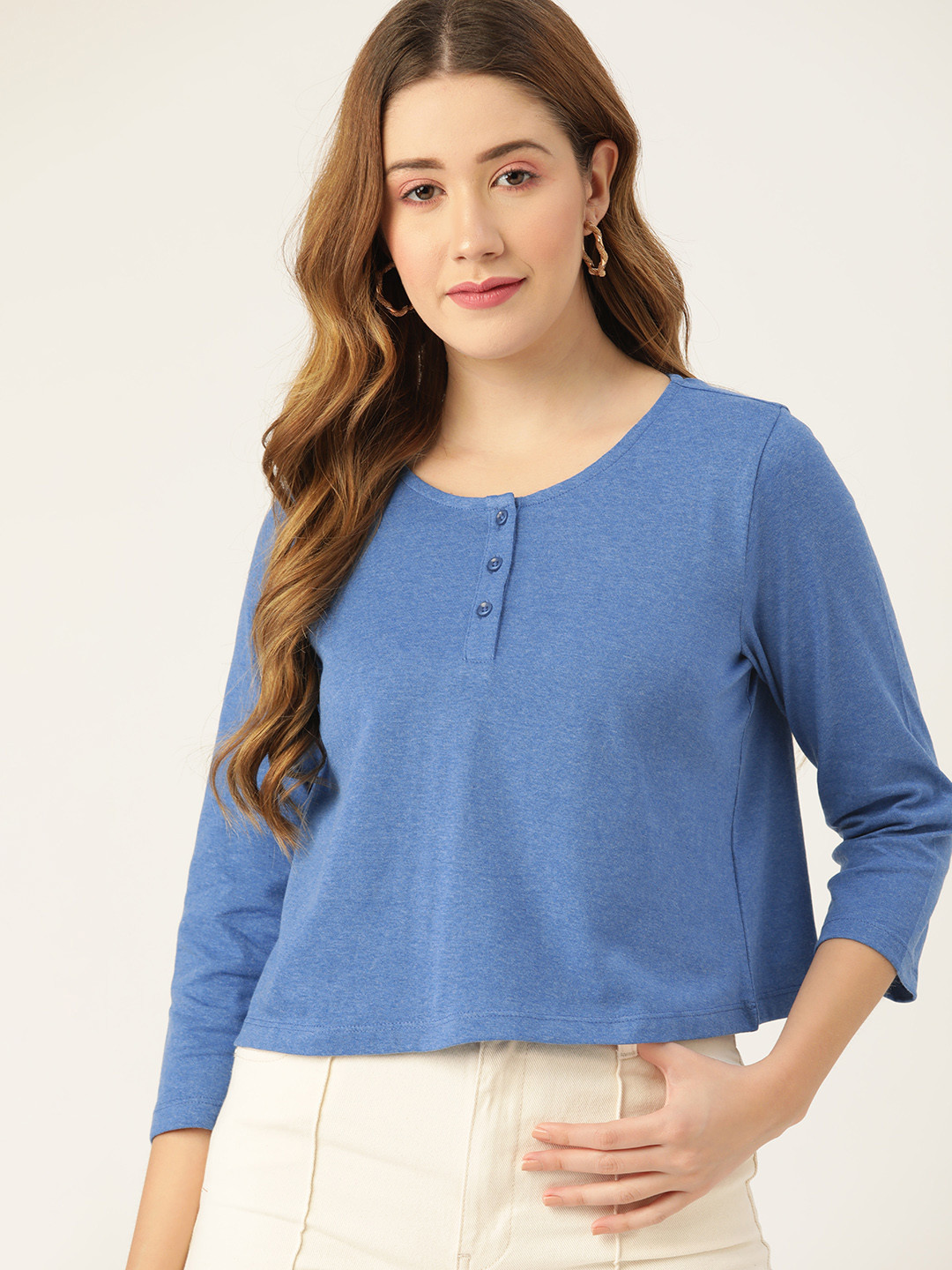 DressBerry Women Blue Melange Effect Cropped Henley Neck Boxy T-shirt