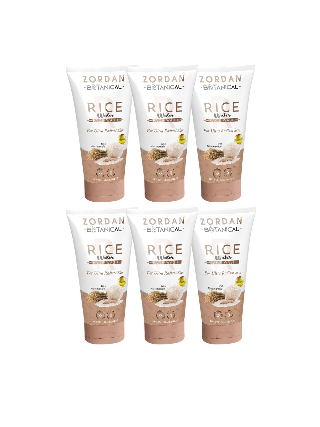ZORDAN Botanical Set of 6 Rice Water Face Wash with Niacinamide - 50 ml each