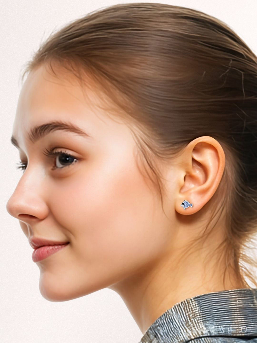 HighSpark 925 Silver Zircon Studded Blue Fish Enamel Studs