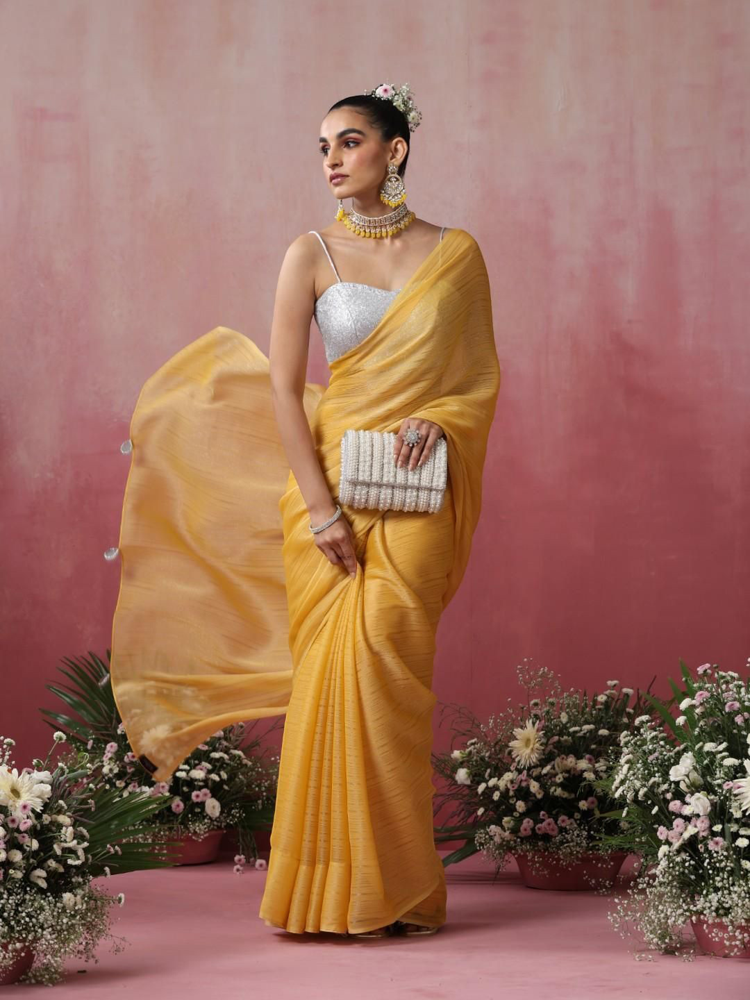 Swtantra Bee Yellow Striped Chiffon Saree With Pendants