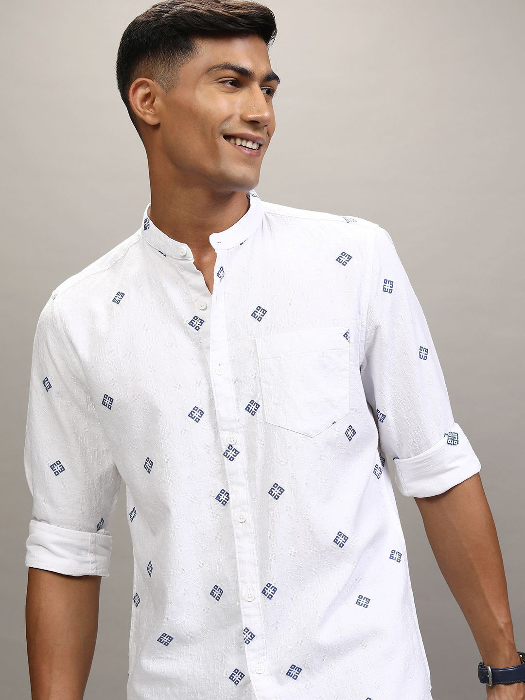 Locomotive Premium Men Butta Acquard Textured Mandarin Collar Casual Shirt