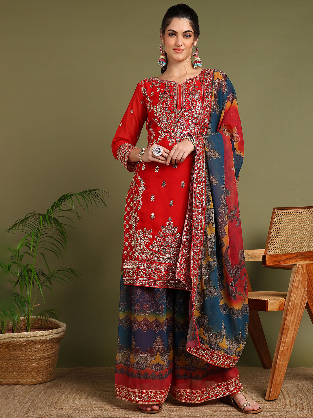 BHARODIYA ENTERPRISES Embroidered Regular Georgette Straight Kurta with Sharara & Dupatta