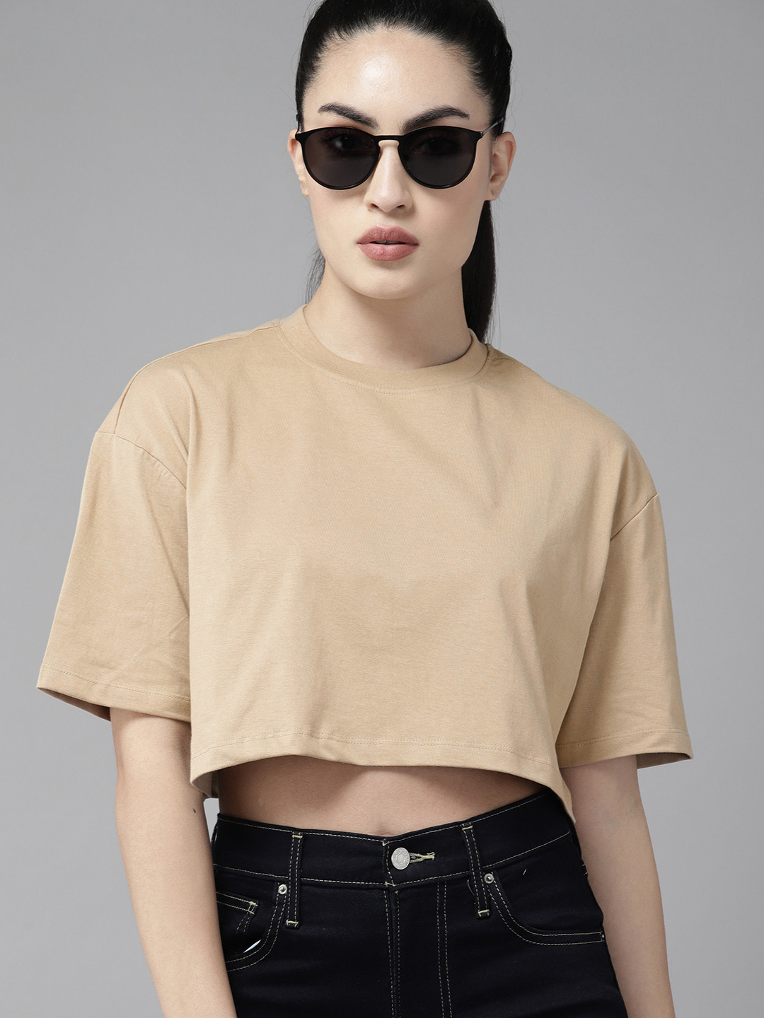 The Roadster Lifestyle Co. Drop-Shoulder Sleeves Pure Cotton Boxy Super Crop  T-shirt