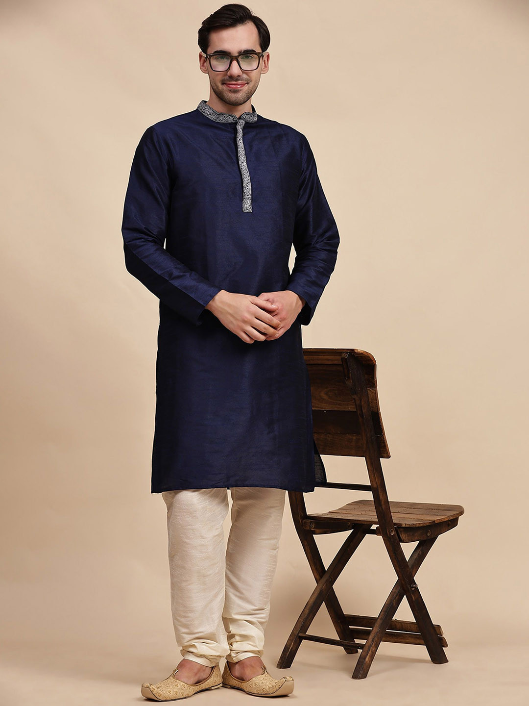 SKAVIJ Mandarin Collar Long Sleeves Indigo Thread Work Straight Kurta with Churidar