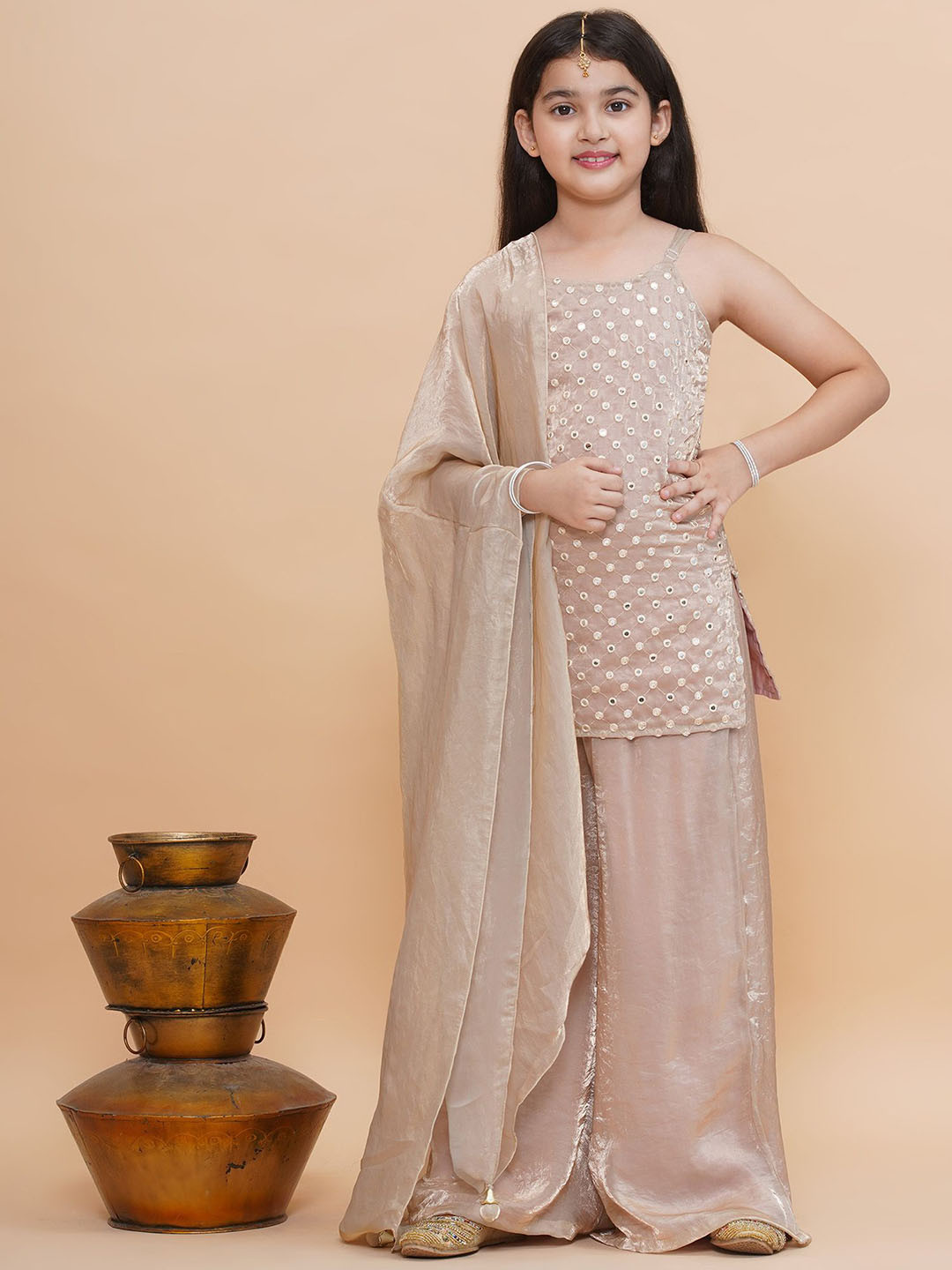 PICCOLO Girls Embroidered Mirror Work Straight Kurti with Palazzos & Dupatta