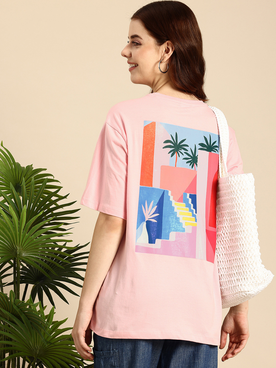 Mast & Harbour Women Relaxed Fit Back Printed Drop-Shoulder Sleeves Pure Cotton T-shirt