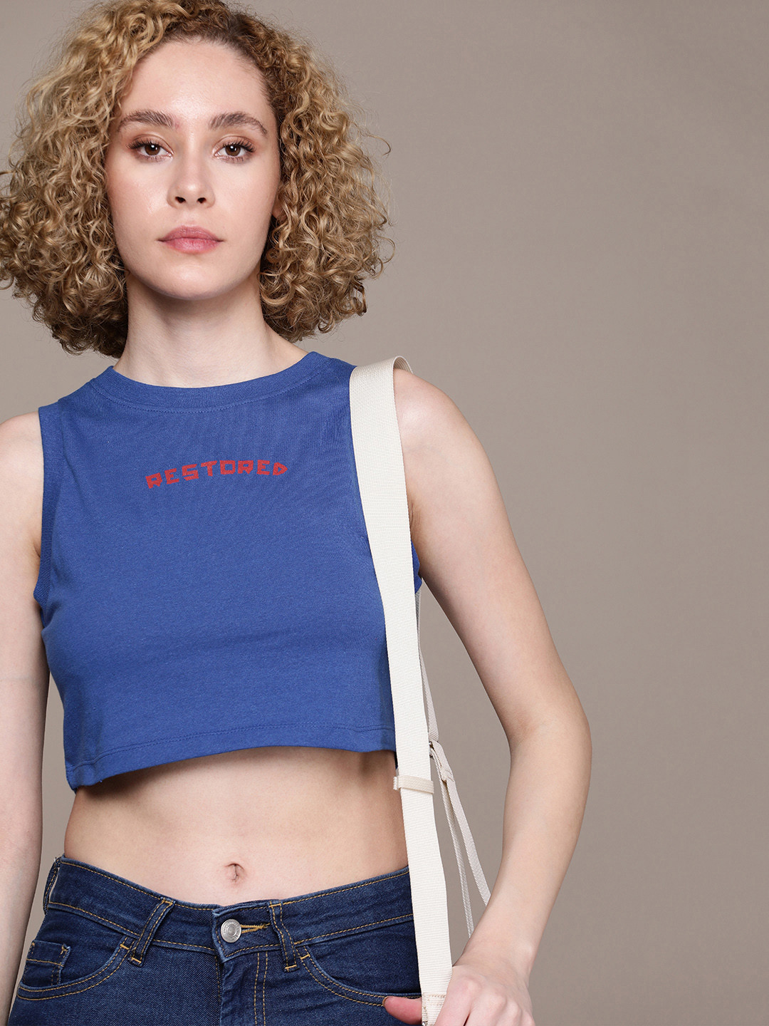 The Roadster Life Co. Typography Printed Sleeveless Crop T-shirt