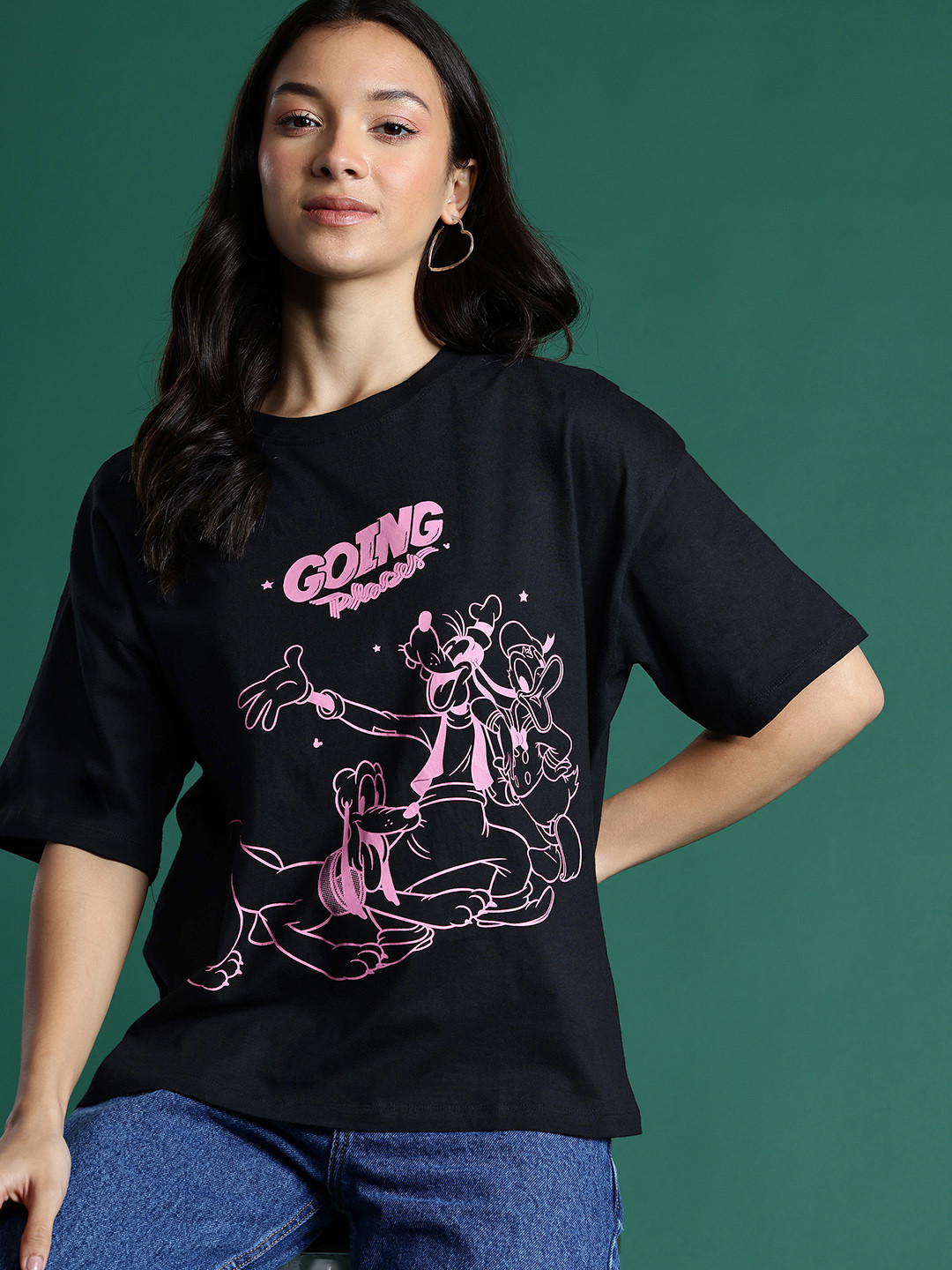 Disney by DressBerry Graphic Printed Drop-Shoulder Sleeves Pure Cotton Relaxed Fit T-shirt