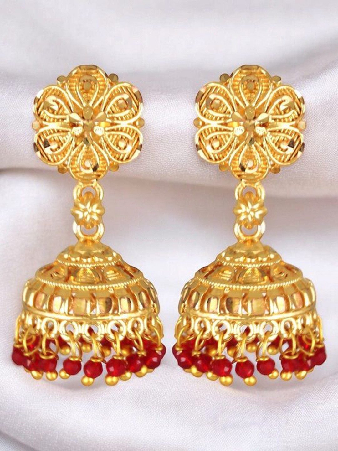 Vighnaharta Gold-Plated Dome Shaped Twinkling Bejeweled Jhumkas