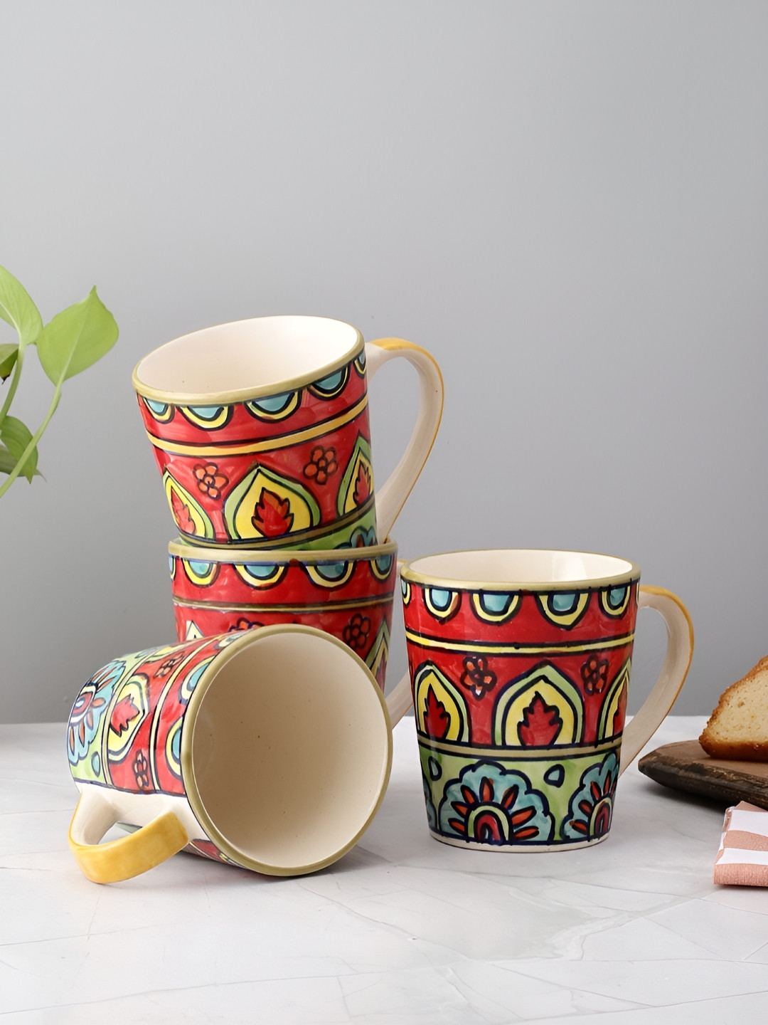 VarEesha Taj Mughal Floral White Ethnic Motifs Ceramic Hand-Painted 4 Piece Mug-250ml