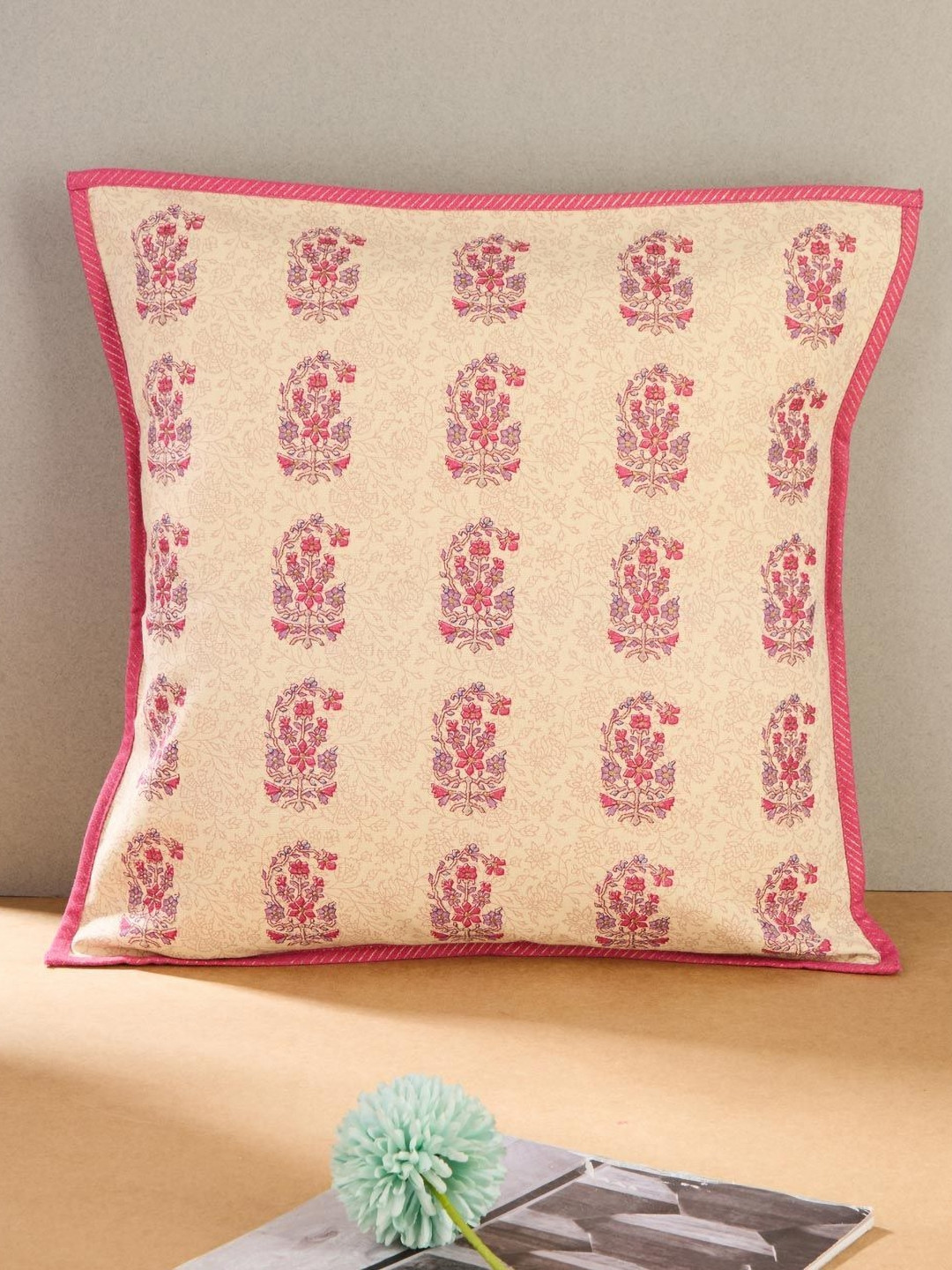 Fabindia Beige & Pink Noor Floral Printed Square Shaped Cotton Cushion Cover