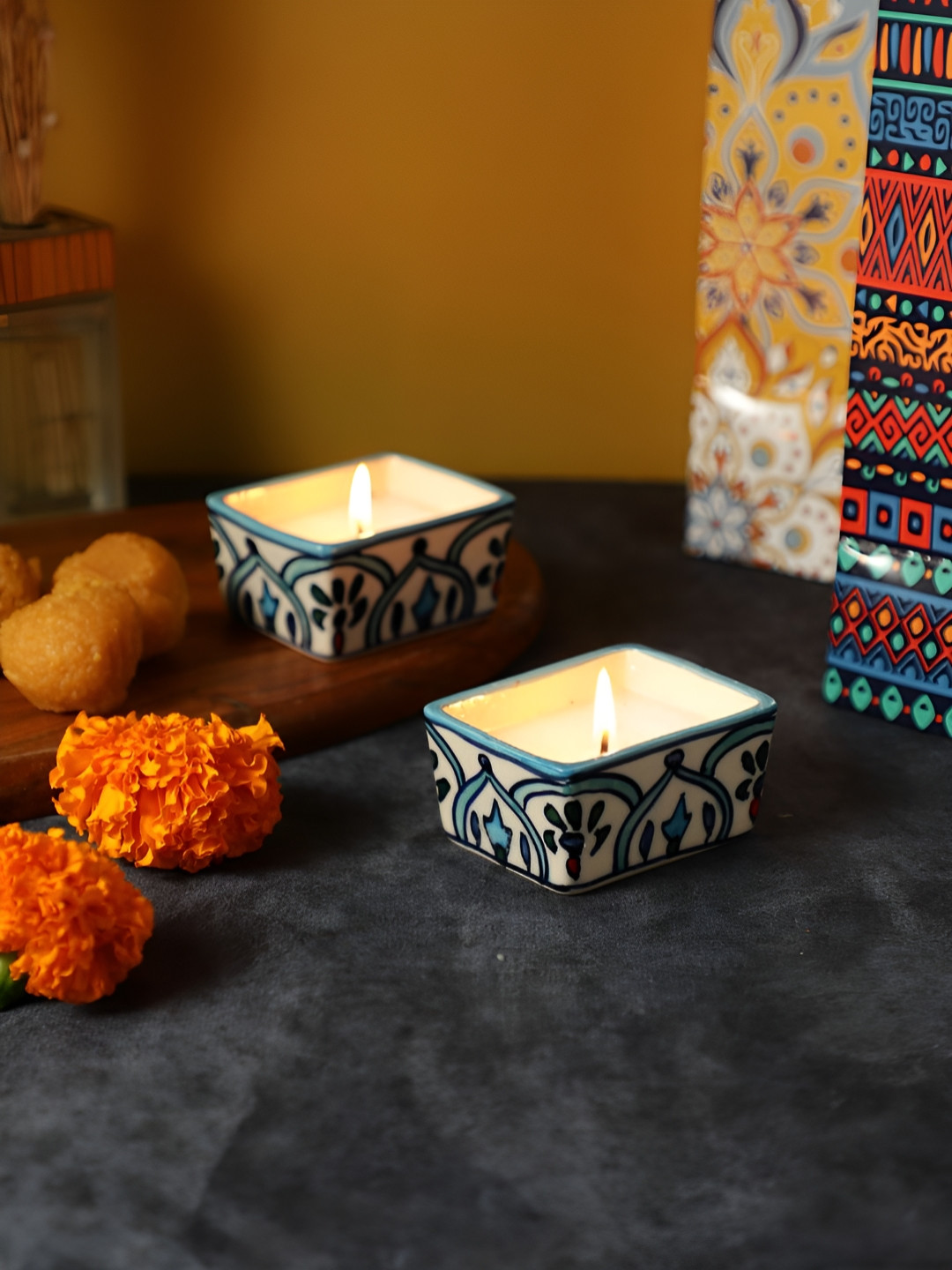 VarEesha Small Ceramic Candle 2Pcs Scented Ethnic Motifs Rectangle Regular Diyas Candles